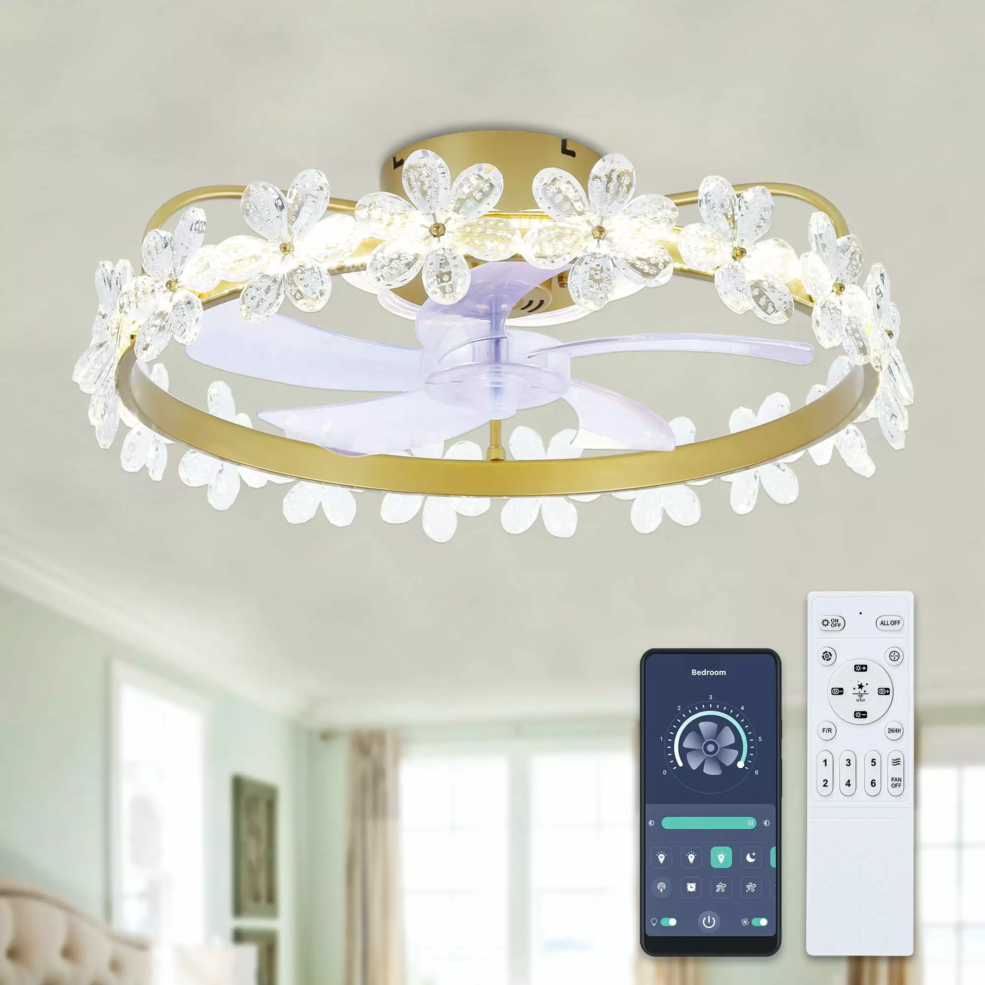 Bella Depot 20Inch Gold Flush Mount Crystal Ceiling Fan with LED Dimmable Light. 6-Speeds. Smart App Control and Remote for Children