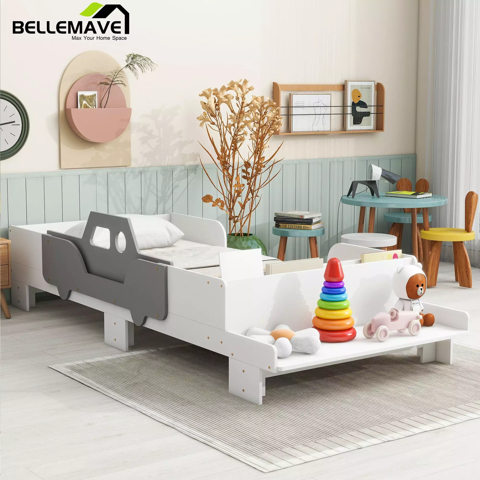 Bellemave Car-shaped Twin Platform Bed with Bed-end Bench Twin Wooden Bed Frame with Storage for Kids and Teens Funny Cartoon-style Kid's Bed. White