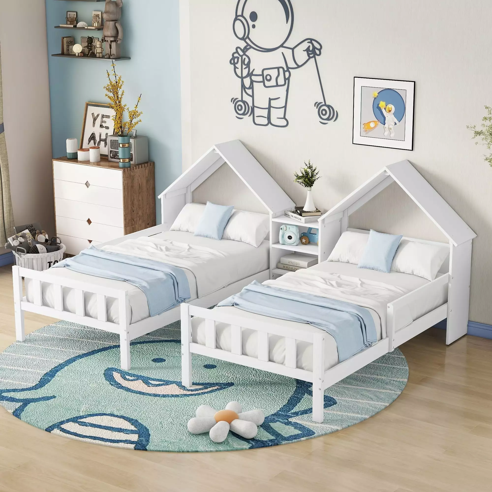 Bellemave Double Twin Size Bed Frame. Wooden Kids Platform Beds Built-in Nightstand for Storage. Shared Bed Frame with House-Shaped Headboard for Two Kids Boys Girls Teens (White)