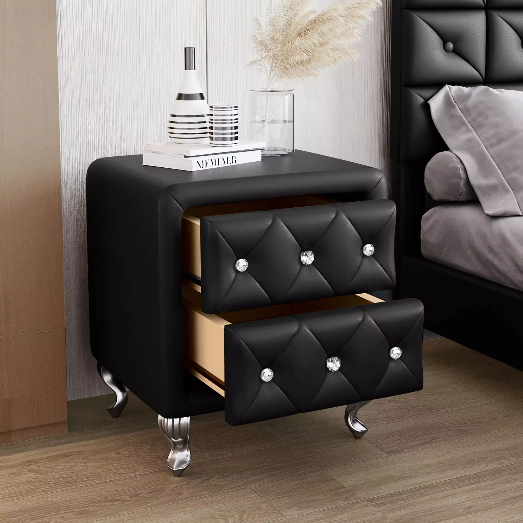 Bellemave Elegant PU with 2 Drawers and Cryatal Handles.No Assembly Required for Bedroom/Living Room/Office(Black)