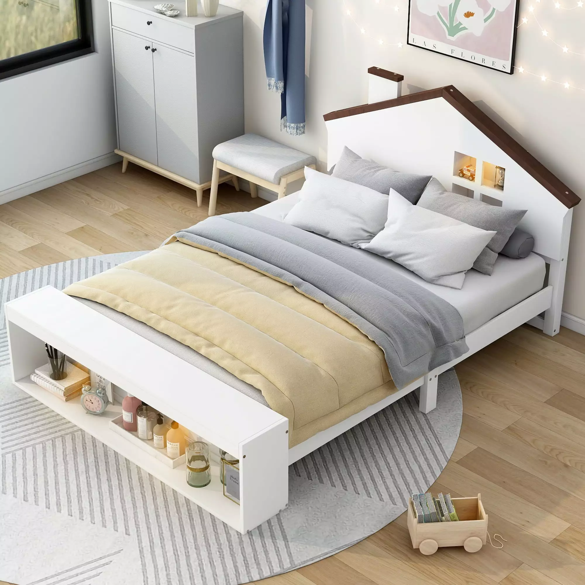 Bellemave Full Bed with LED Lights and Storage. Wood Kids Platform Bed with House-Shaped Headboard. Cute Single Full Led Bed for Girls Boys(White)