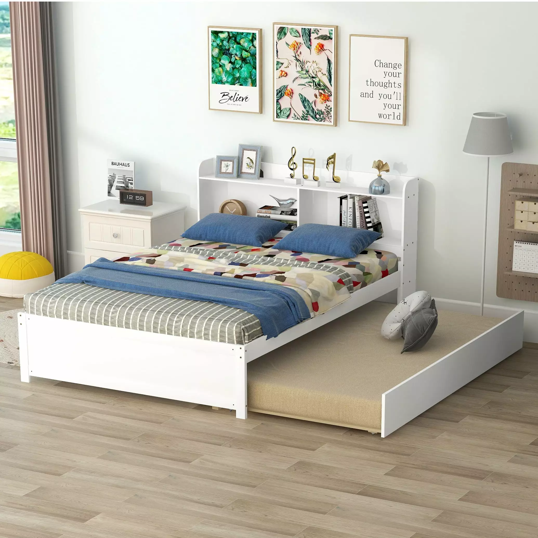 Bellemave Full Bed with Twin Trundle and Bookcase Headboard. Wooden Full Size Platform Bed with Storage Shelves for Kids Teens Adults (White)