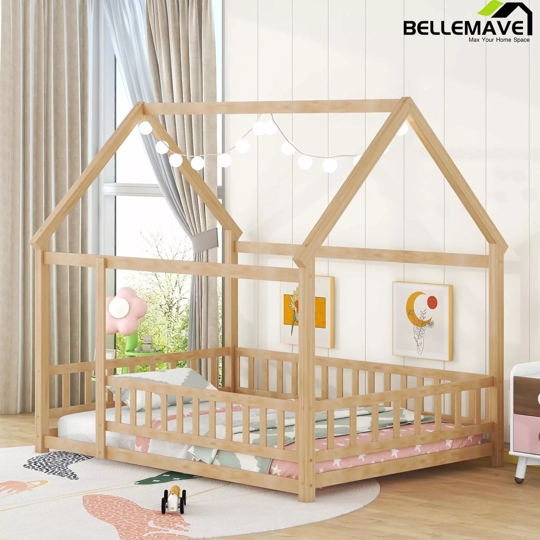 Bellemave Full Floor Bed for Kids. Wood Full Size House Bed Frame with Fence. Montessori Toddler Bed for Kids Girls Boys TeensNatural)