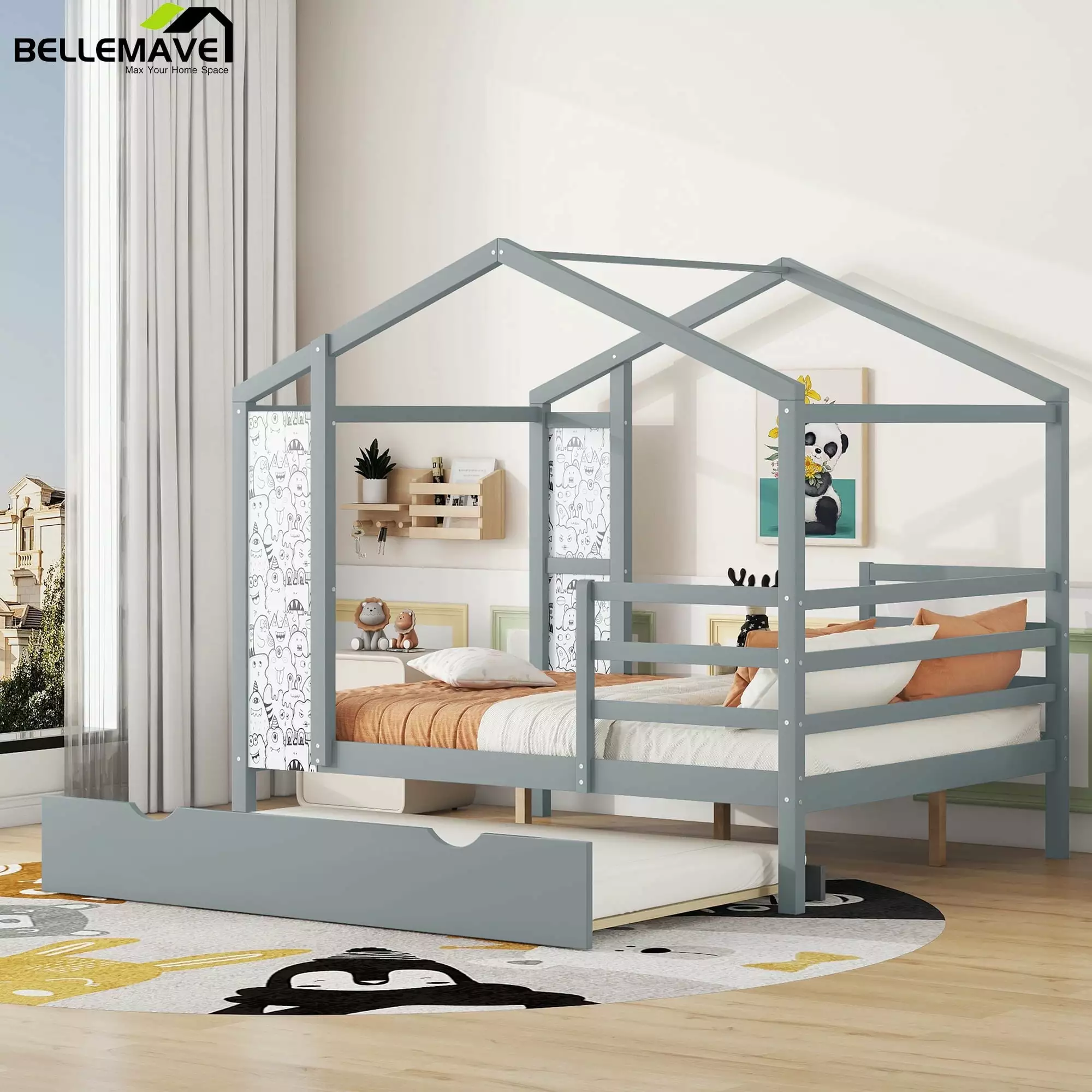 Bellemave Full House Beds with Trundle.Wood Montessori Bed Playhouse Cabin Bed Frame with Roof and Writing Board for Girls Boys Children Teens Juniors. Gray