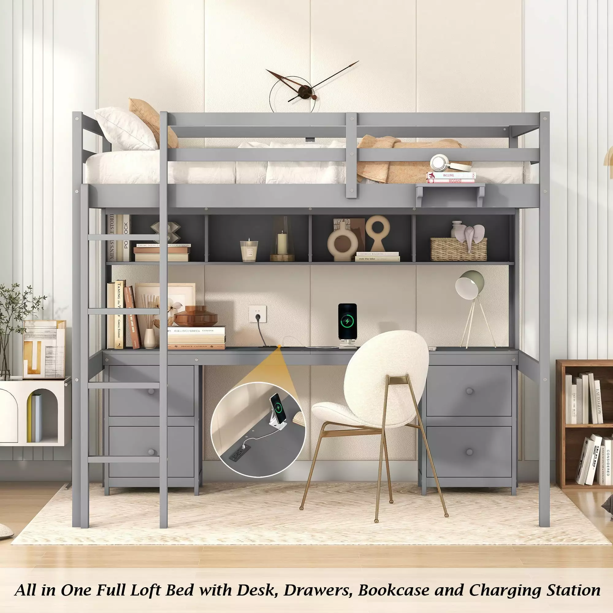 Bellemave Full Loft Bed with Desk. Bookcases and Drawers Wooden Loft Bed with Charging Station and Bedside shelf Full Bed Frame with Guardrails and Ladder for Dorms. Kids. Teens. Gray