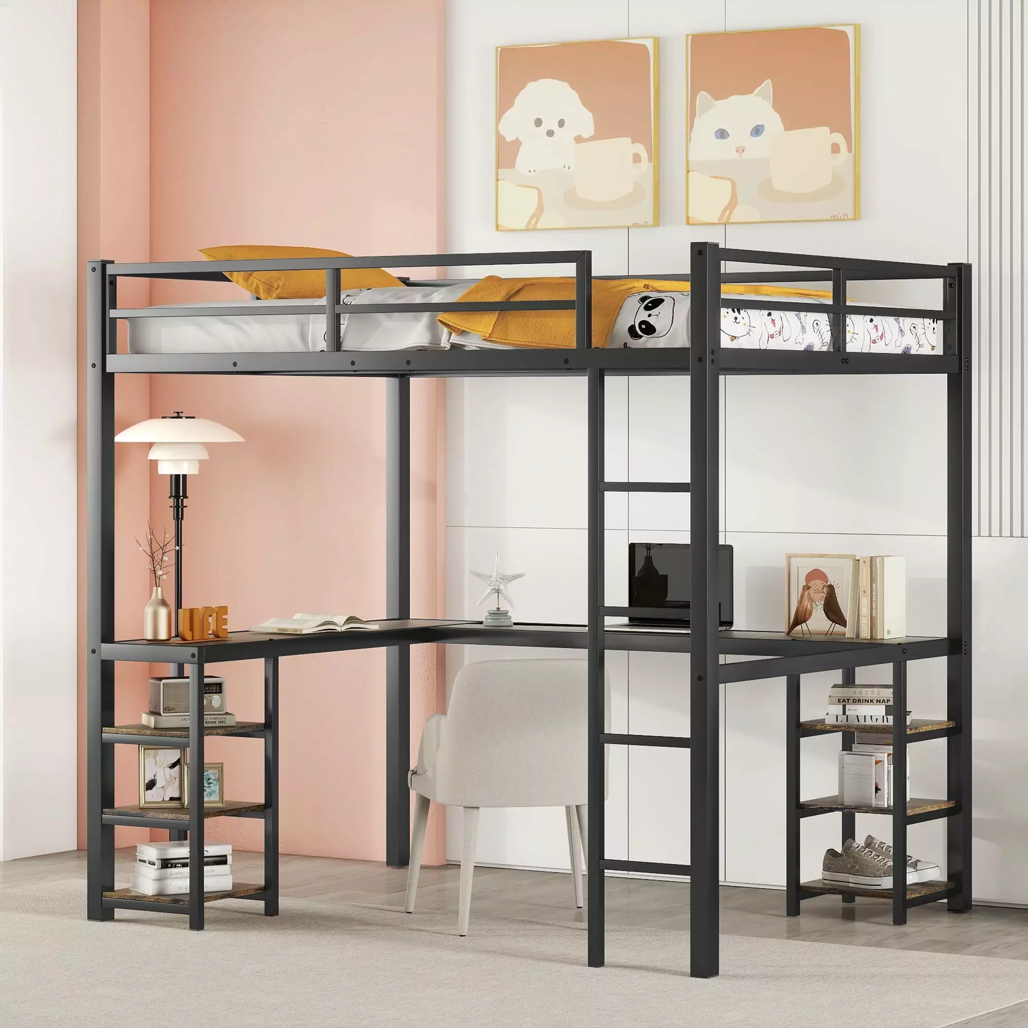 Bellemave Full Loft Bed with L-shaped Desk and Storage Shelves. Full Size Metal Loft Bed Frame for Kids. Students. Teens Loft Bed with Guardrails and Ladder. No Box Spring Needed. Black