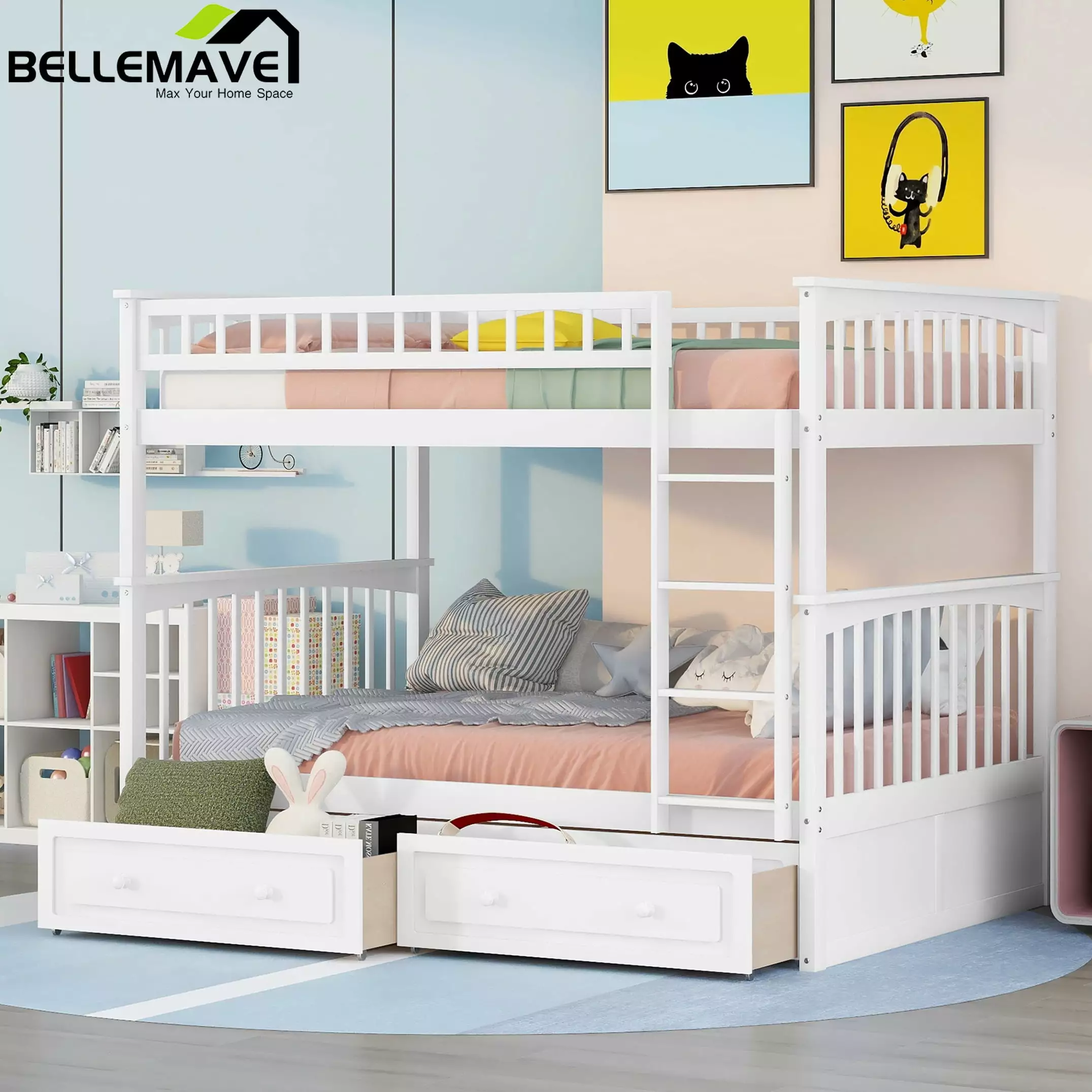 Bellemave Full Over Full Bunk Bed with 2 Storage Drawers.Wooden Bunk Bed Frame with Guardrails for Kids Teens Adults.Can be Convertible into 2 Beds(White)