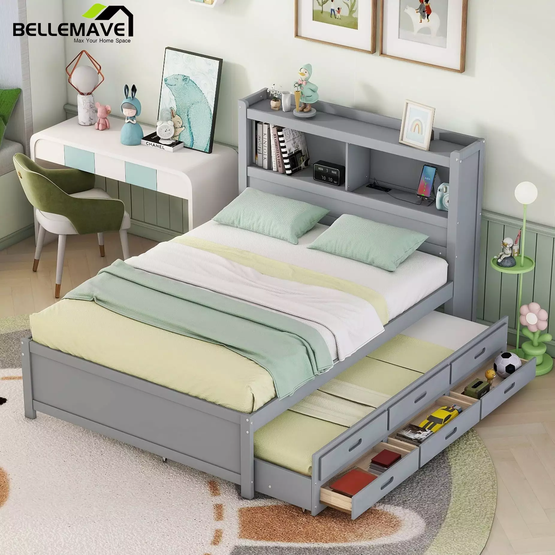 Bellemave Full Size Captain Bed with Storage Bookcase Headboard and USB Charging Ports Platform Bed with Trundle and Drawers Wooden Storage Bed Frame for Kids. Teens (Gray)