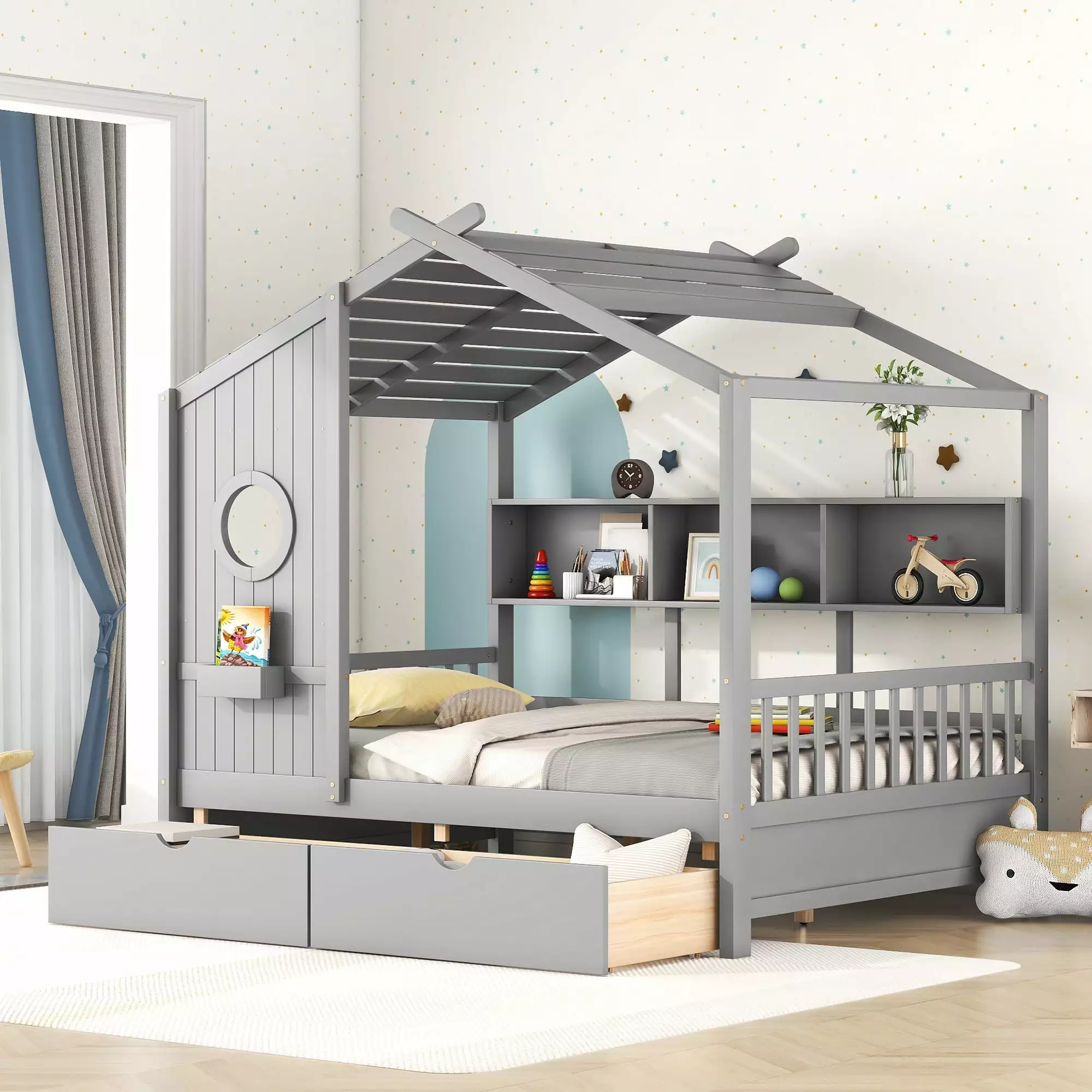 Bellemave Full Size House Bed with Storage Shelves and Drawers Full Storage Platform Bed with Bookcases. Headboard and Footboard Wooden Full House Bed for Kids. Teens. Gray