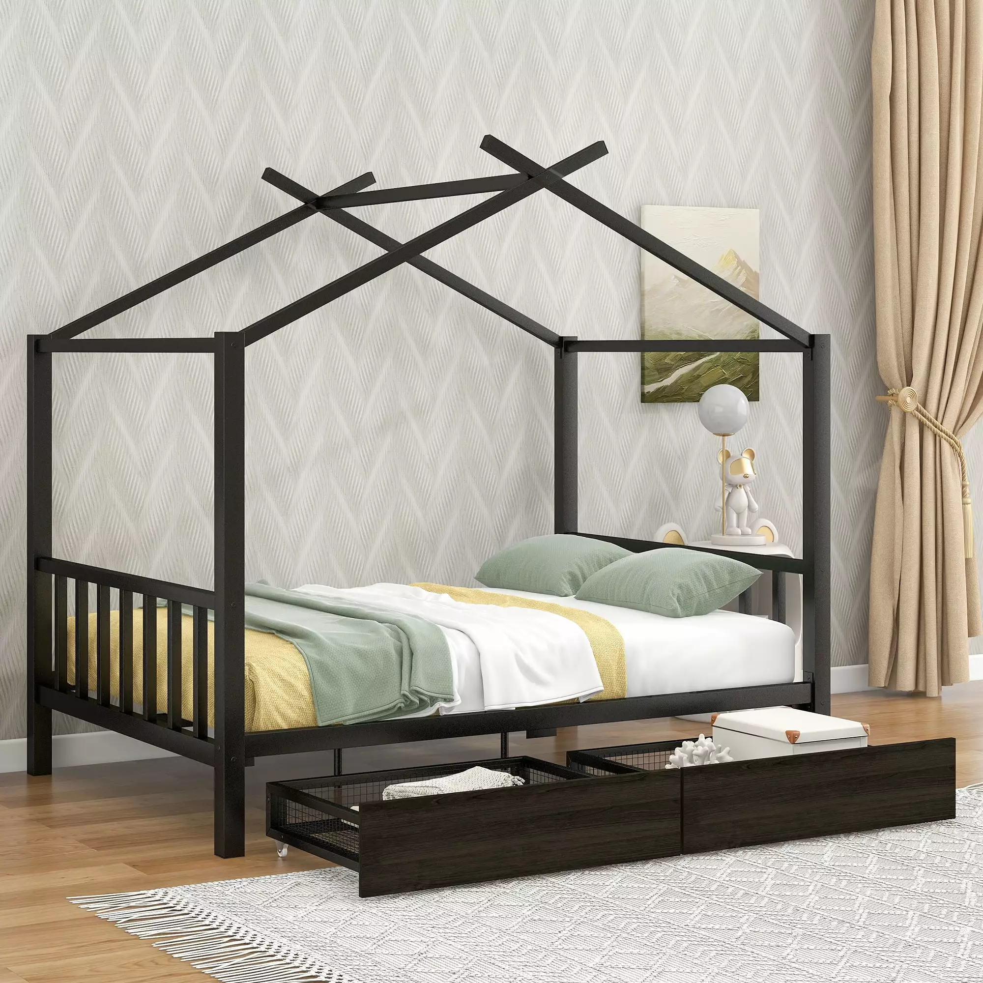 Bellemave Full Size House Bed for Kids.Metal Full Platform Bed Frame with 2 Storage Drawers and Roof.Full Storage Canopy Bed for Girls & Boys.Black