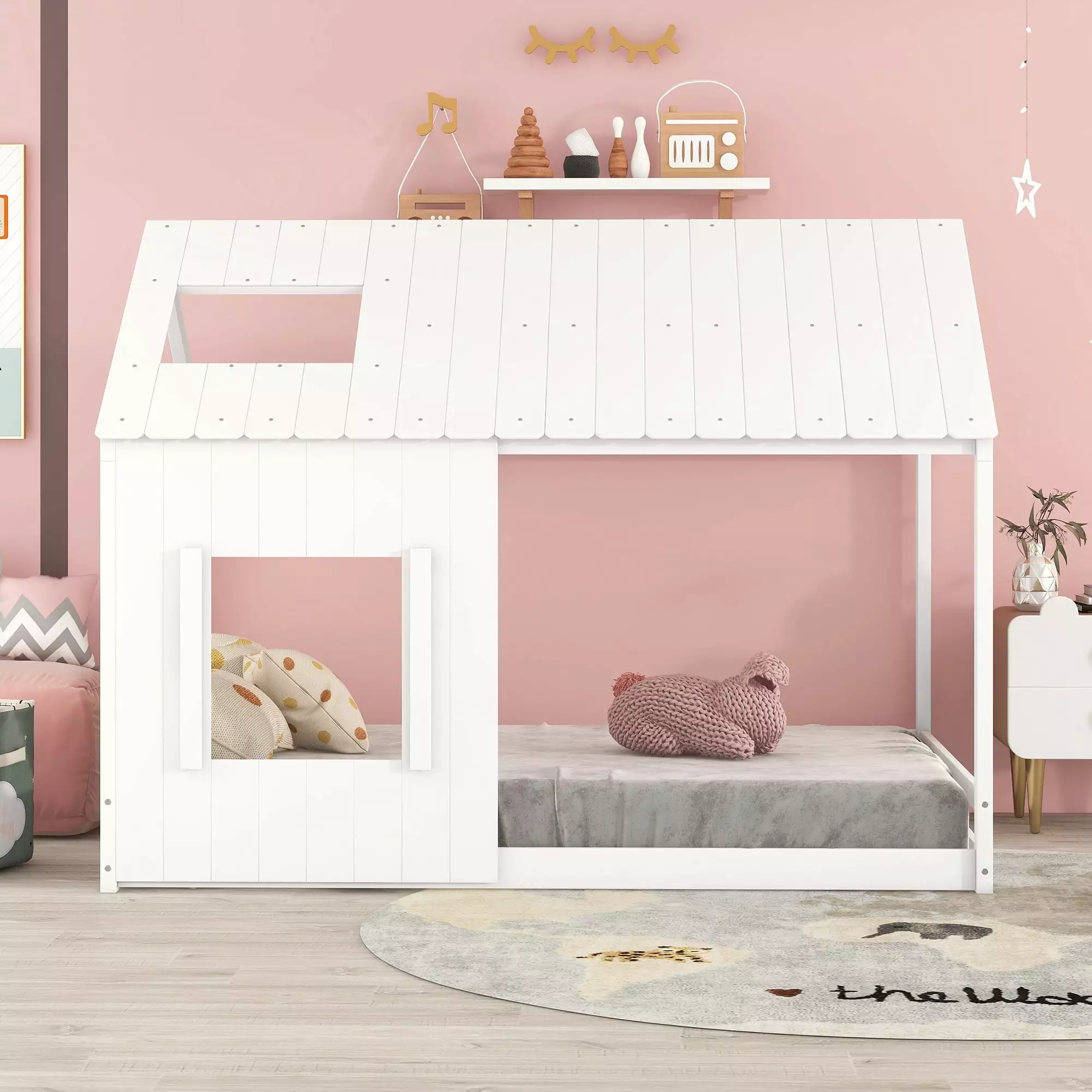 Bellemave Full Size Kids House Bed. Montessori Floor Bed with Roof and Windows. Wood Kids Playhouse Bed Frame with Slats for Girl & Boys (White)