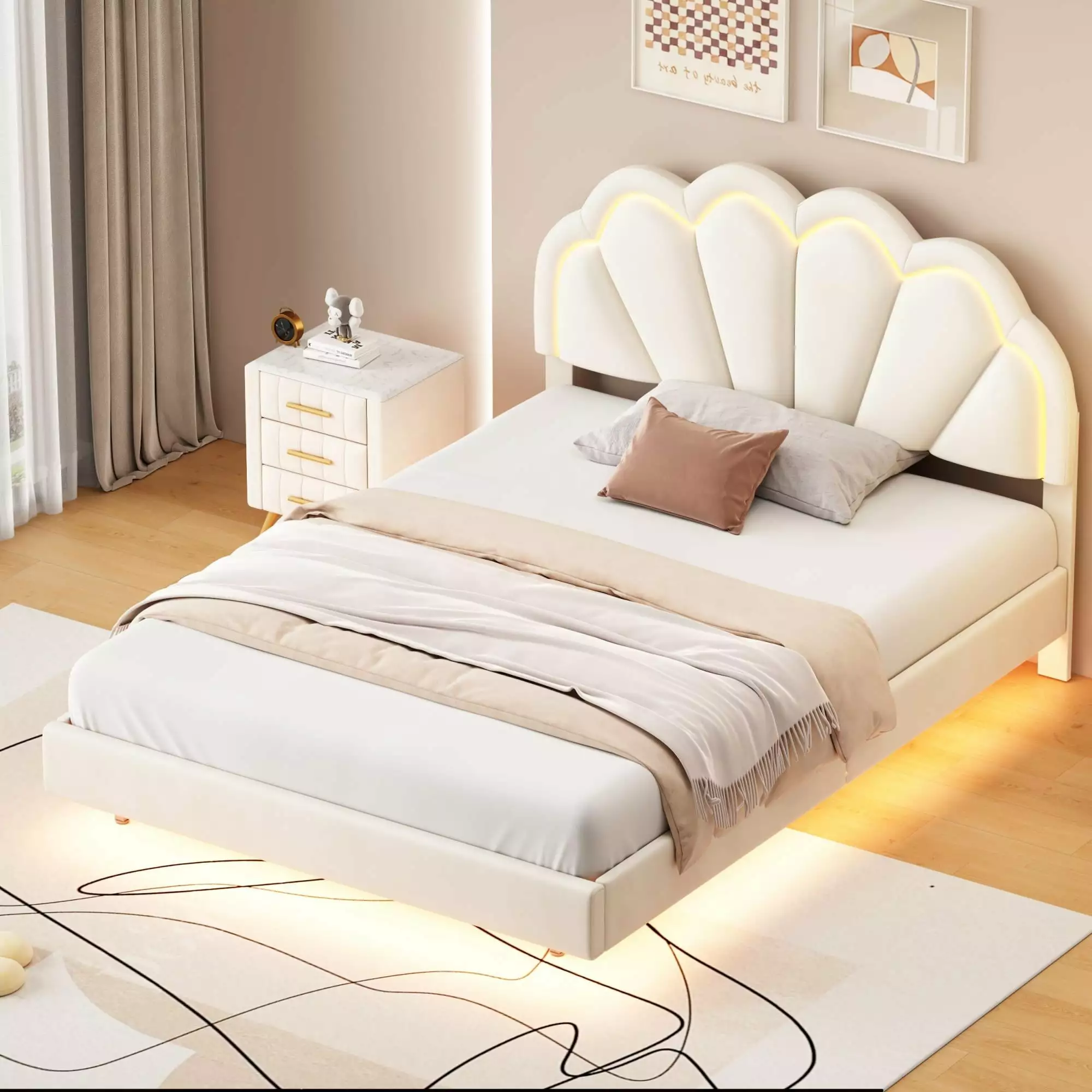 Bellemave Full Size LED Floating Bed Frame. Beige Upholstered Platform Bed with Flowers Headboard. Modern Velvet Cloud Beds with Light for Kids Girls Boys Teens AdultsBeige)