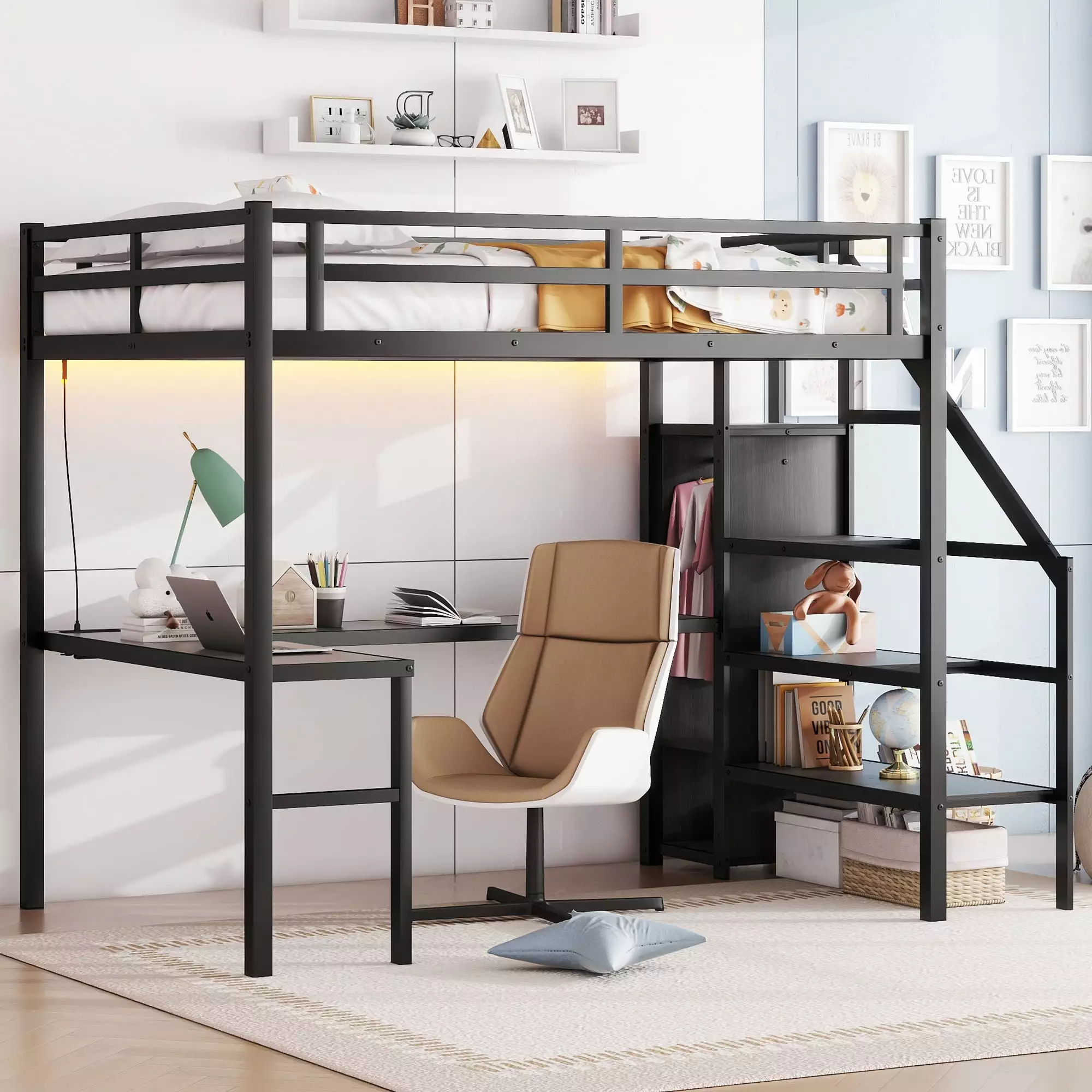 Bellemave Full Size Metal Loft Bed with L-shaped Desk and Storage Staircase. Loft Bed Frame with Wardrobe and Adjustable Shelf. Loft Bed with LED Lights and USB Port for Kids Teens Adults. Black