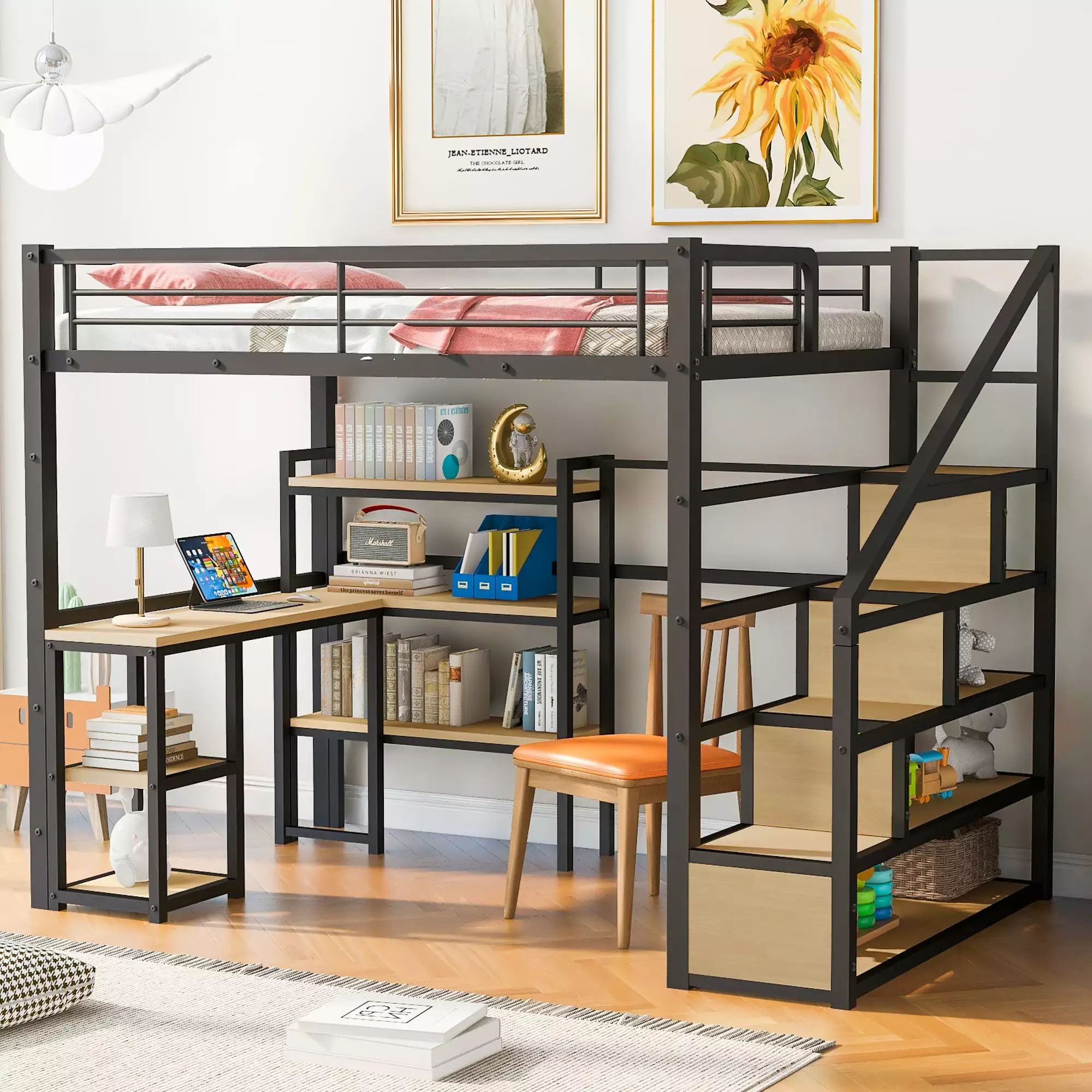 Bellemave Full Size Metal Loft bed with Stairs and Desk. Heavy-Duty Steel Loft Bed Frame Built-in Storage Shelves. Loft bed Full for Kids Teens Adults.Black