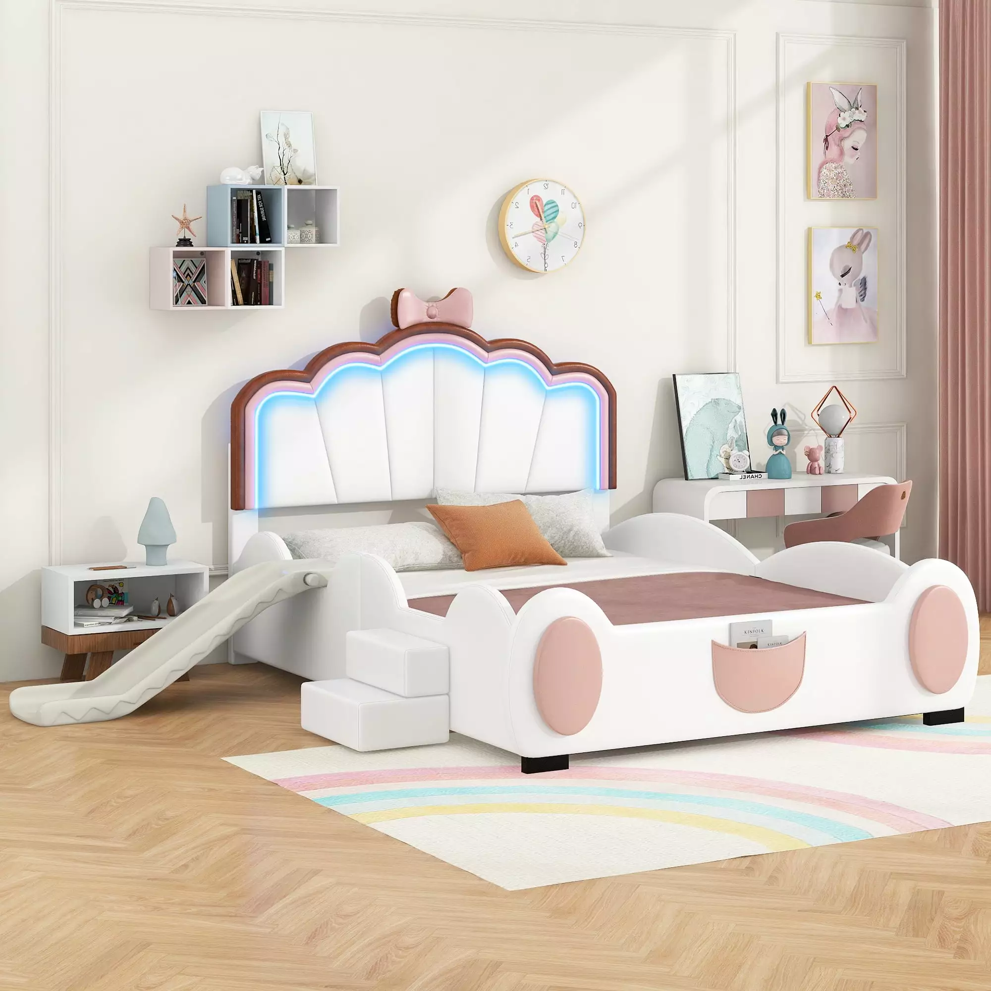 Bellemave Full Size PU Leather Upholstered Bed with Shell-Shaped Headboard and LED Lights Princess Bed with Slide and Ladder Low Platform Bed Frame for Girls. Kids. Teens. White Shell