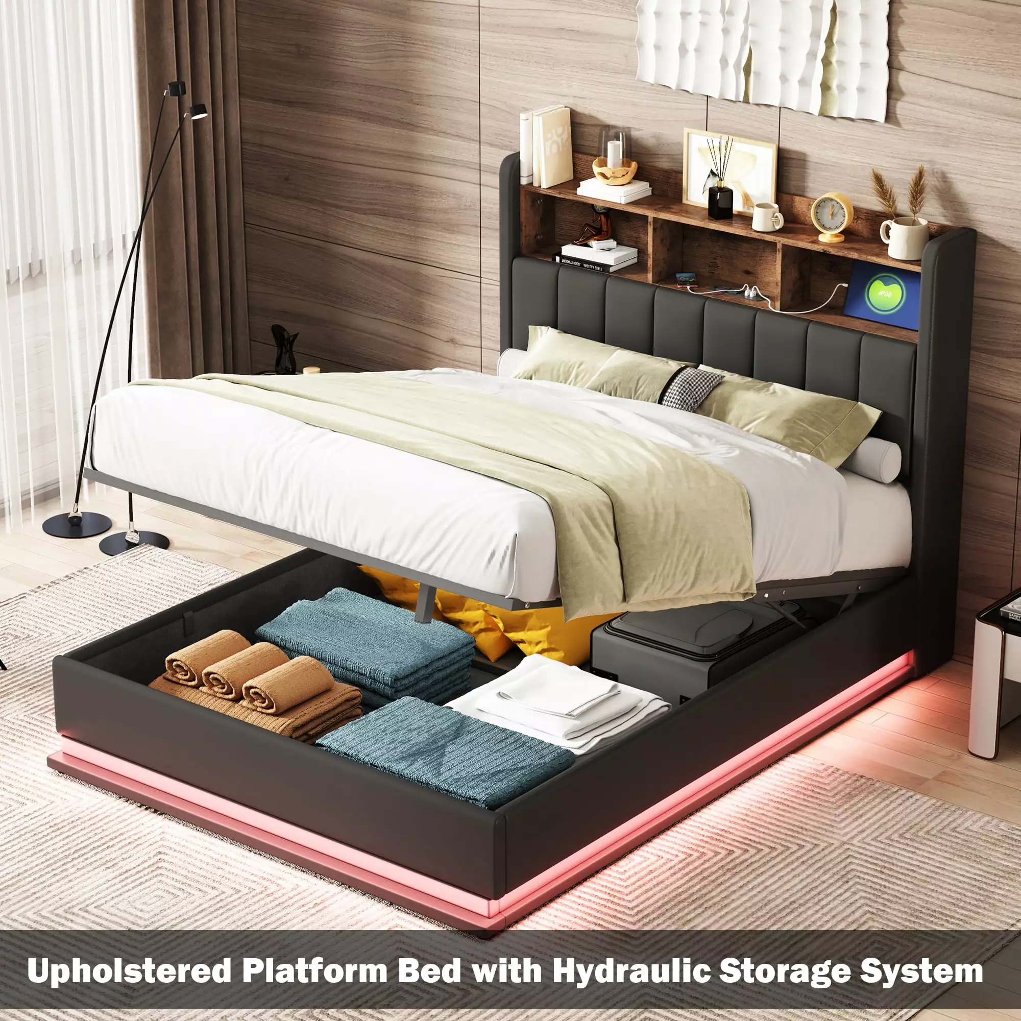 Bellemave Full Size PU Upholstered Platform Bed With Storage Headboard and Hydraulic Storage System Storage Platform Bed with USB Charging Port and LED Light LED Bed Frame (Full. Black)