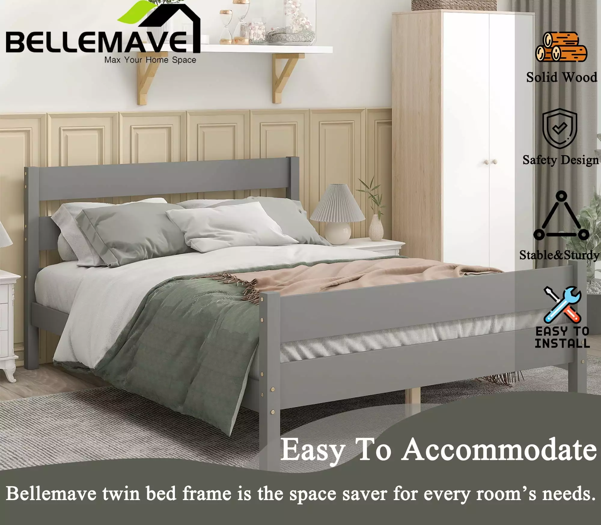 Bellemave Full Size Pine-Wood Bed Frame With Classic headboard and footboard.Gray