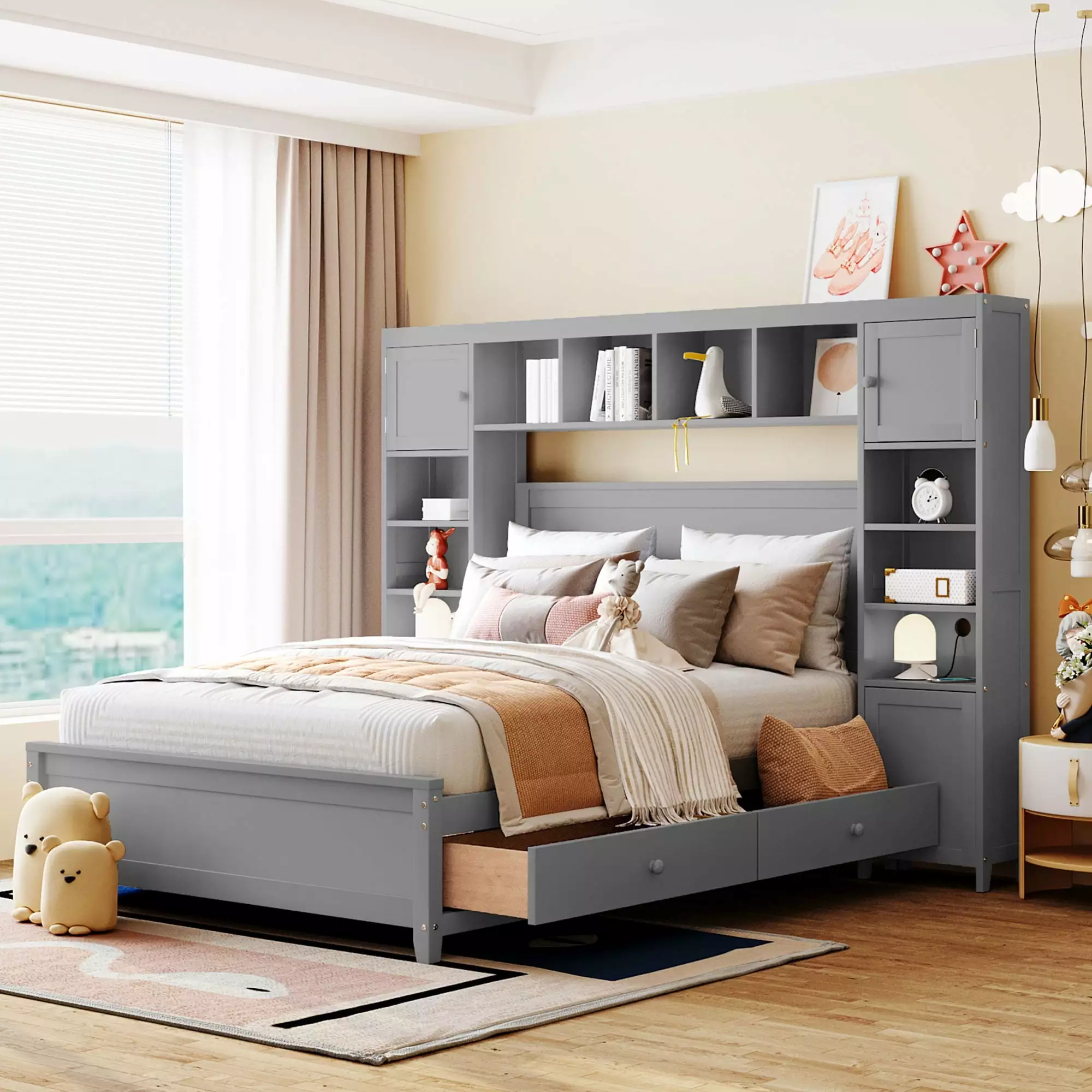 Bellemave Full Size Platform Bed Frame with Four Storage Drawers Underneath and Built-in Cabinet. Bookcase Headboard. Wood Cabinet Bed for Kids. Teens. Adults. Boys & Girls (Gray)