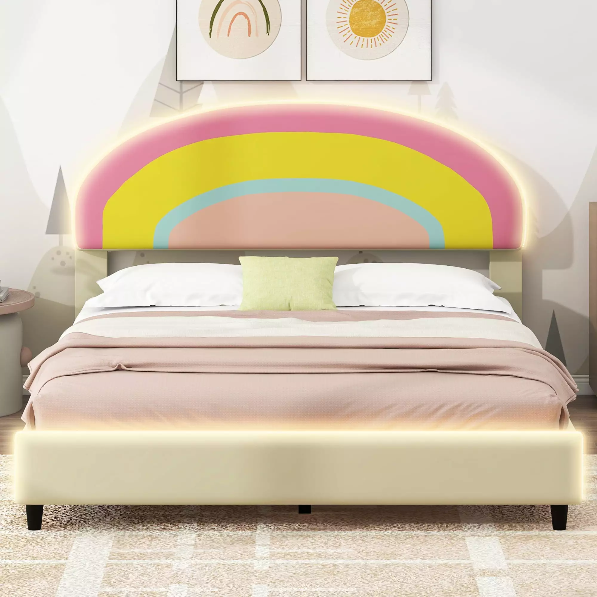 Bellemave Full Size Upholstered Platform Bed with Rainbow Shape Headboard and Lights Wooden Low Platform Bed Full LED Princess Bed Frame with Height-Adjustable Headboard for Girls. Beige