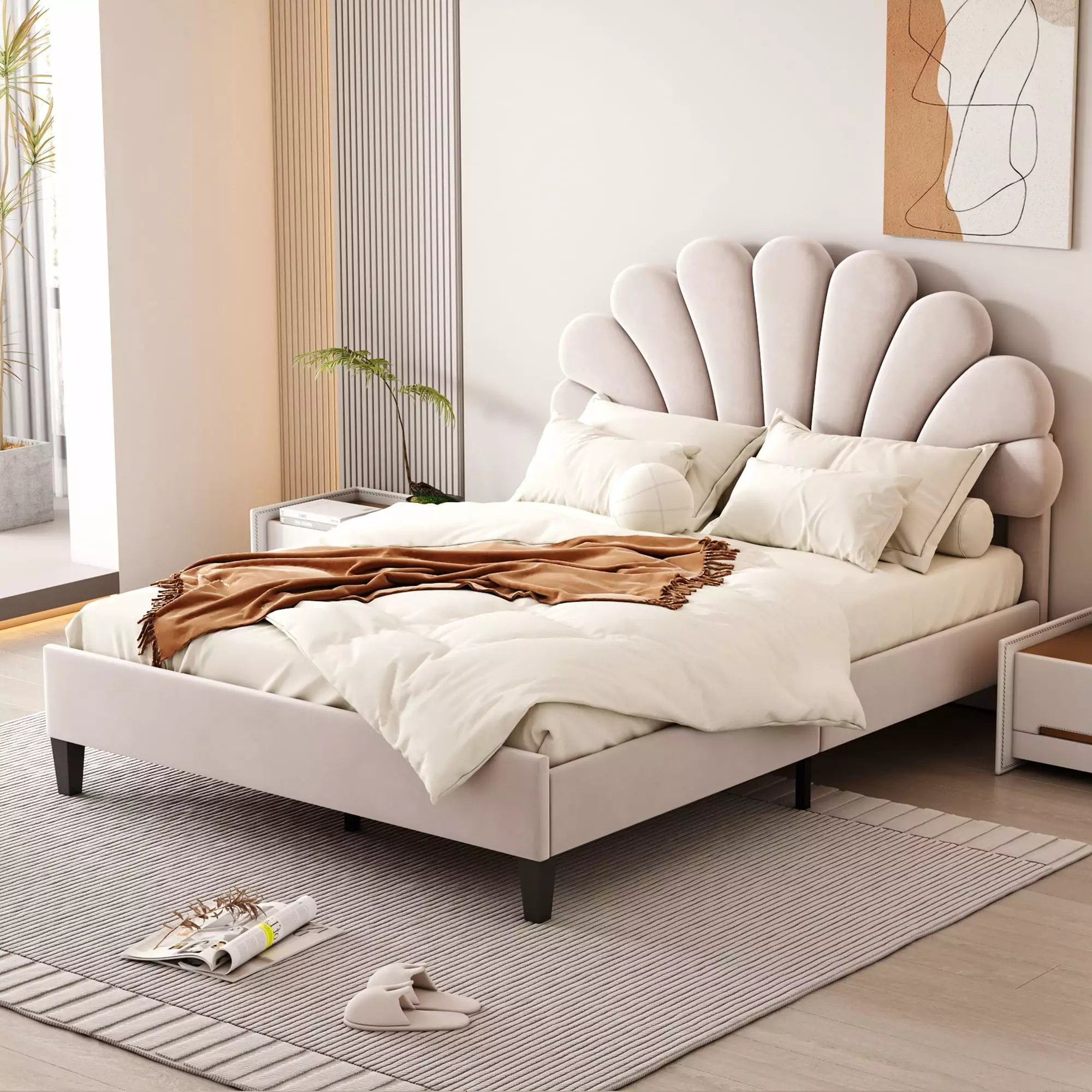 Bellemave Full Size Velvet Upholstered Platform Bed with Headboard Stylish Full Wood Bed Frame with Flower Pattern Headboard and Wooden Slats Support. Beige