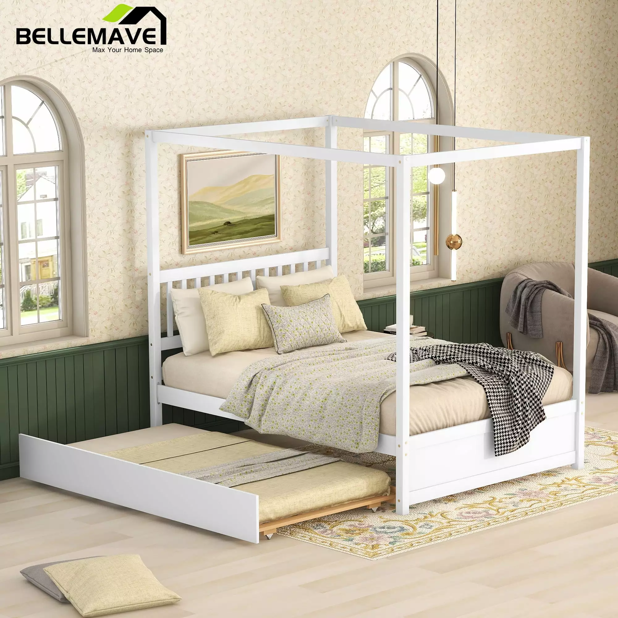 Bellemave Full Size Wood Canopy Bed Frame with Trundle Modern Full Platform bed with Headboard and Wooden Slats Sturdy Wood Four-poster Bed. No Box Spring Needed. White