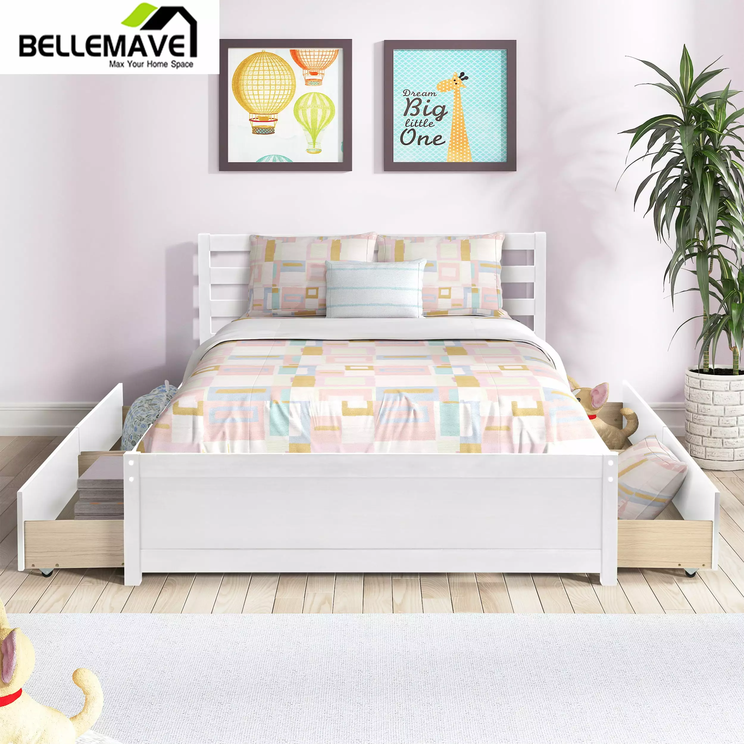 Bellemave Full Size Wood Platform Bed. Full Bed Frame with Headboard and 4 Drawers. Platform Bed for Boys. Girls. No Box Spring Needed .White