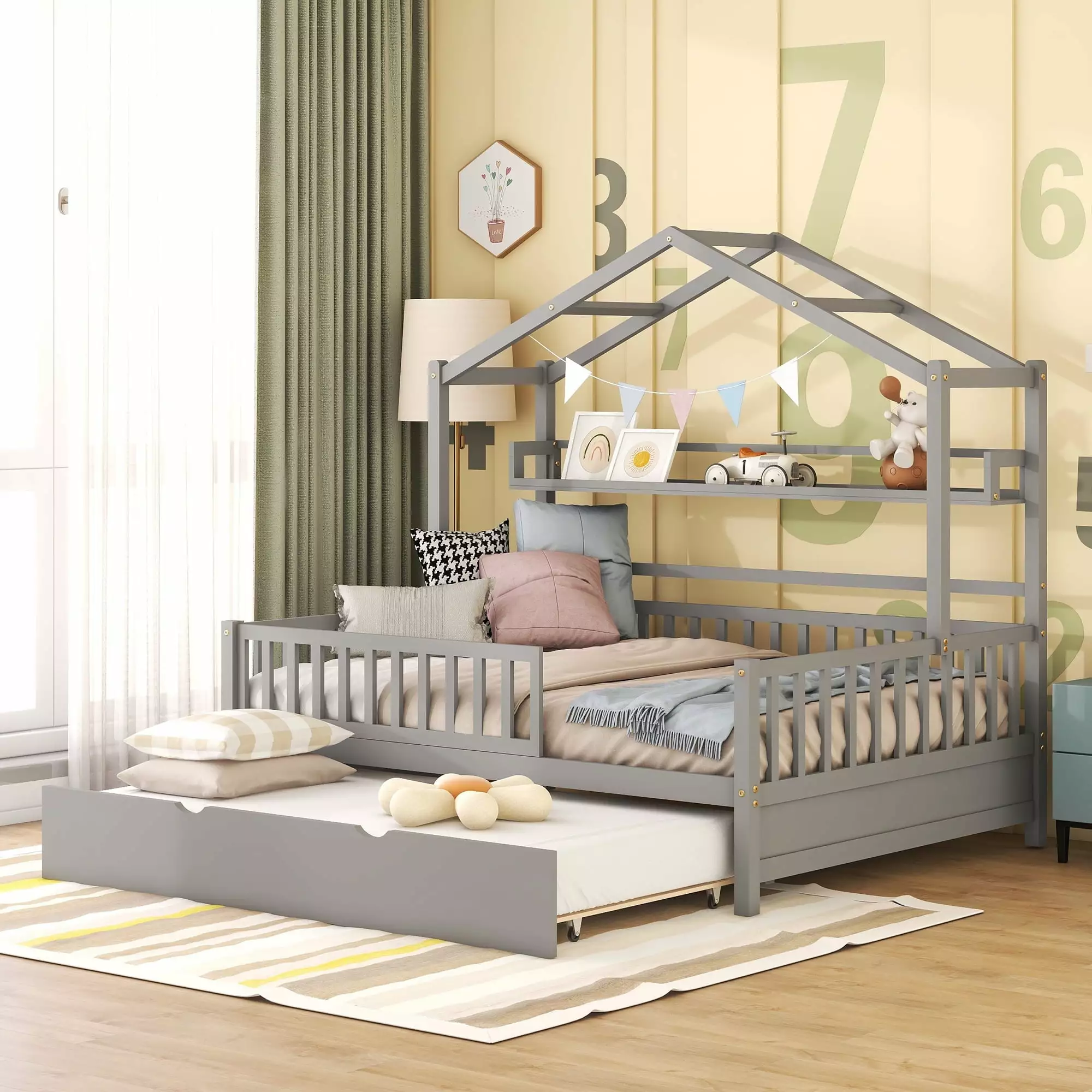 Bellemave House Bed with Trundle. Wood Montessori Bed with Storage Shelves. Kids Full Size Bed Frame with Fence Railings for Toddlers Girls Boys (Full. Gray)