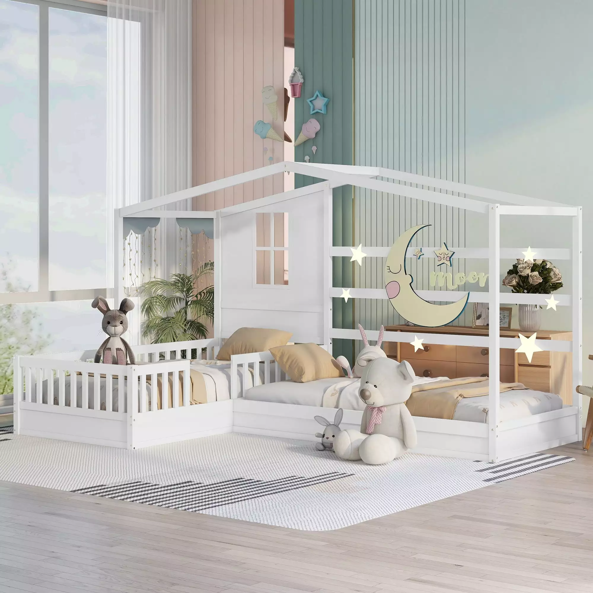 Bellemave House Beds for 2 Kids. Wood L-Shape Twin Bed Frame with Roof and Fence Railings. Double Twin Size Montessori Bed for Toddler Girls Boys Teens (White)