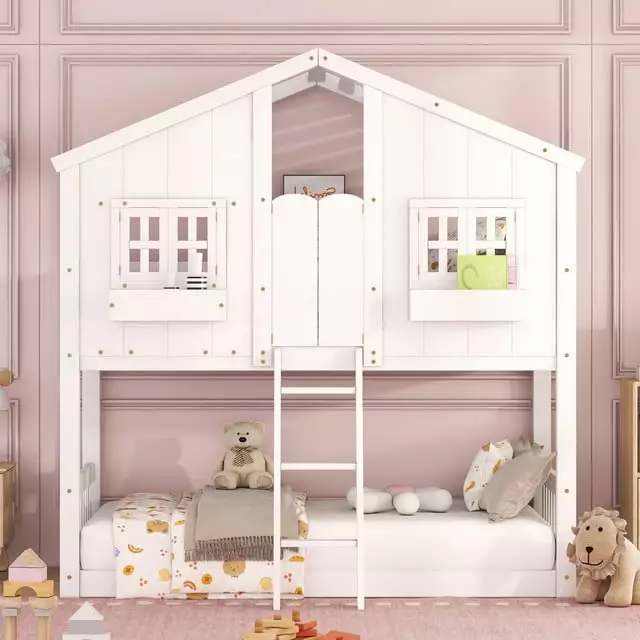 Bellemave House Bunk Bed Twin Over Twin for Kids.Wood Floor Bunk Bed Frame with Roof.Window Box & Small Door for Boys Girls.White