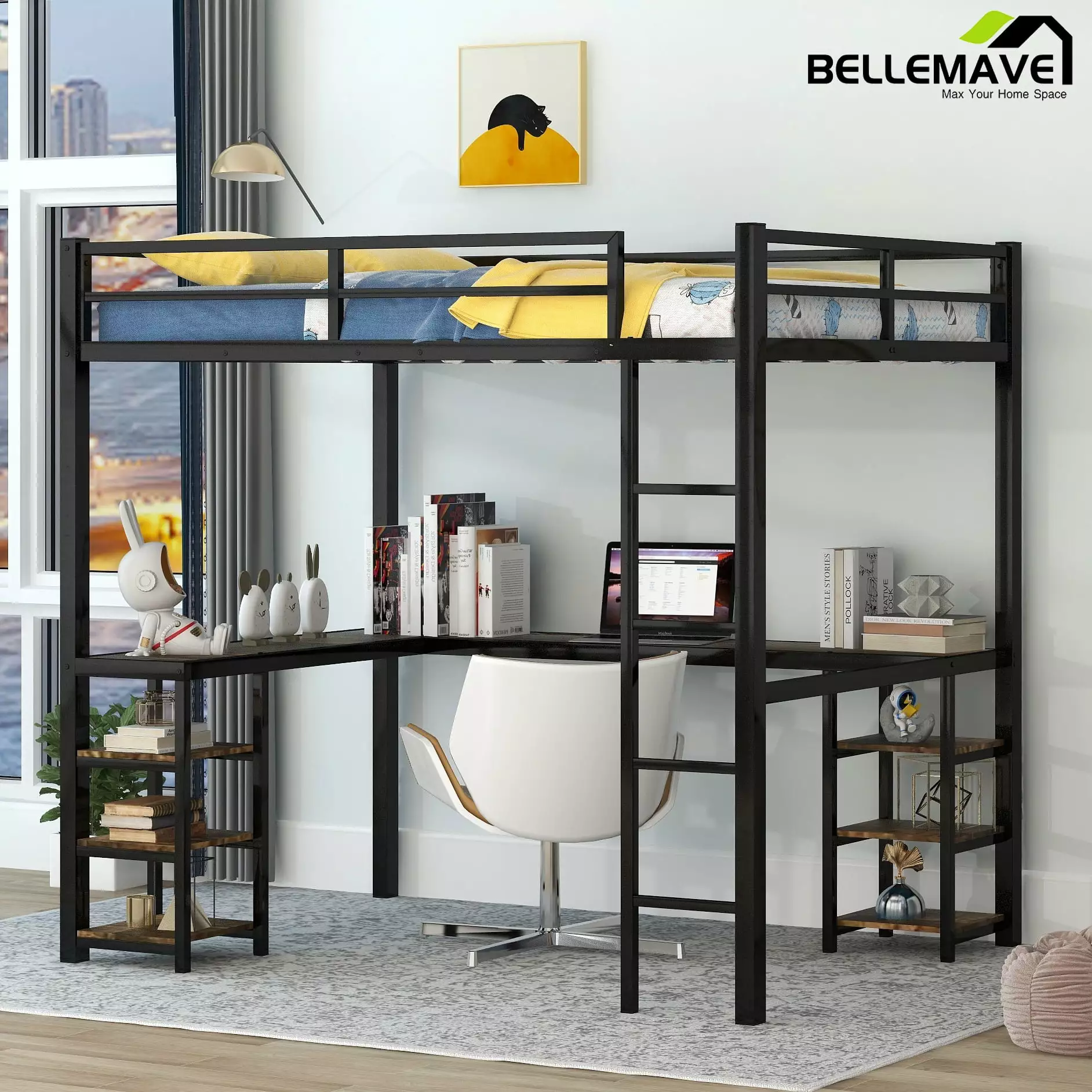 Bellemave Industrial Full size Loft Bed with Desk and 6 Storage Shelves. Metal Full Loft Bed Frame for Kids. Students. Teens Space-Saving Loft Bed with Guardrails. No Box Spring Needed. Black