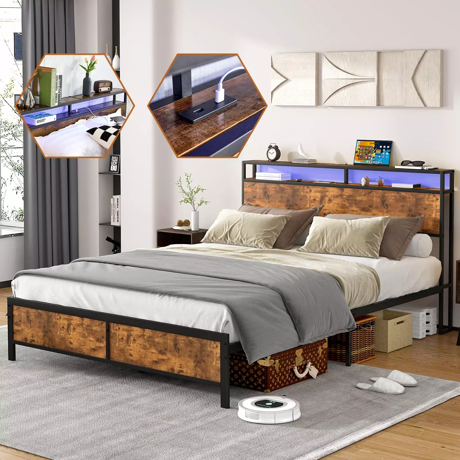 Bellemave Industrial Queen Size Bed Frame with LED Lights and 2 USB Ports. Metal Queen Platform Bed with 2-Tier Storage Wooden Headboard. Noise Free(Brown)