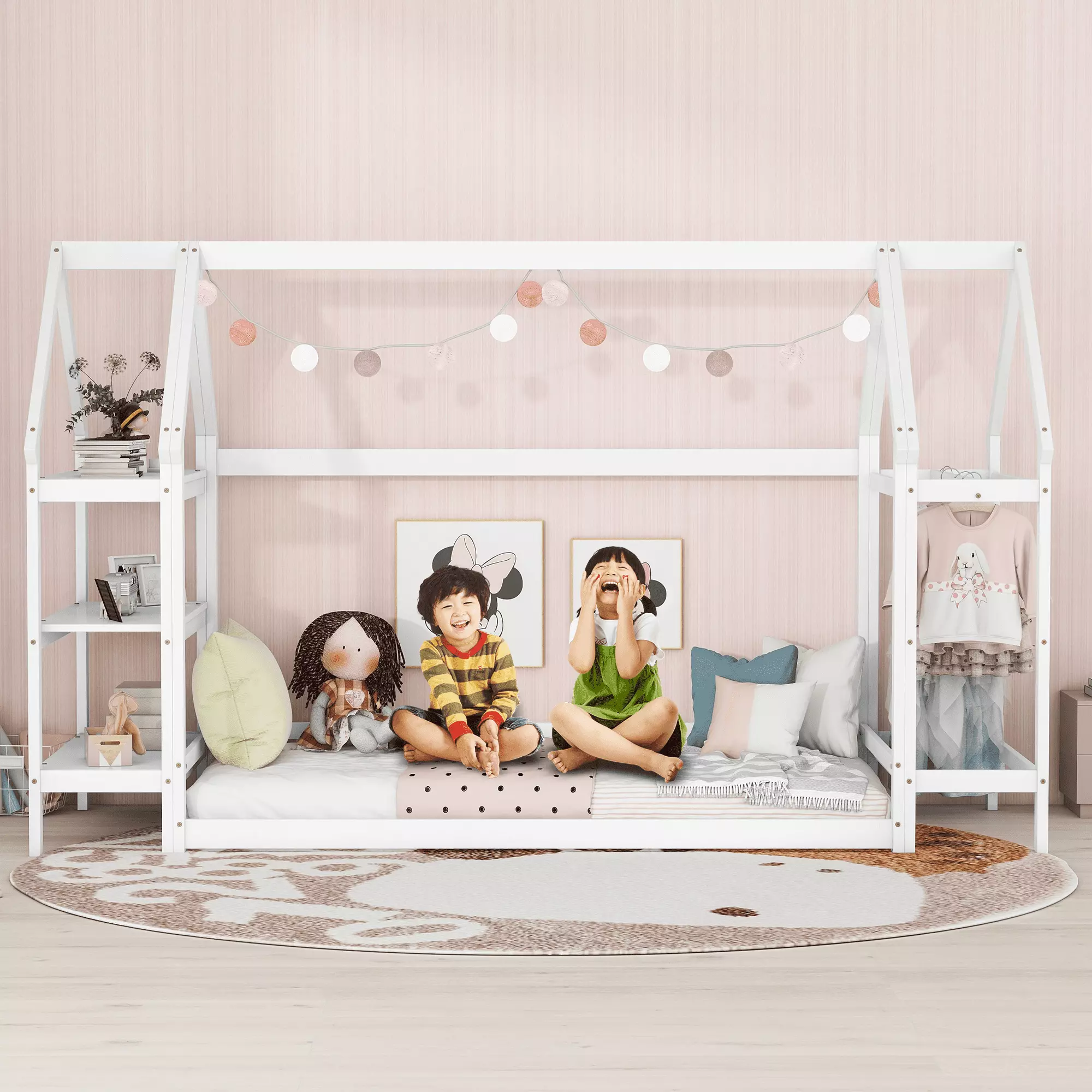 Bellemave Kids Twin House Floor Bed Frame with 2 Detachable Stands. Solid Wood Montessori Toddler Floor Bed with Roof and Window for Boys and Girls. No Box Spring Needed (White)