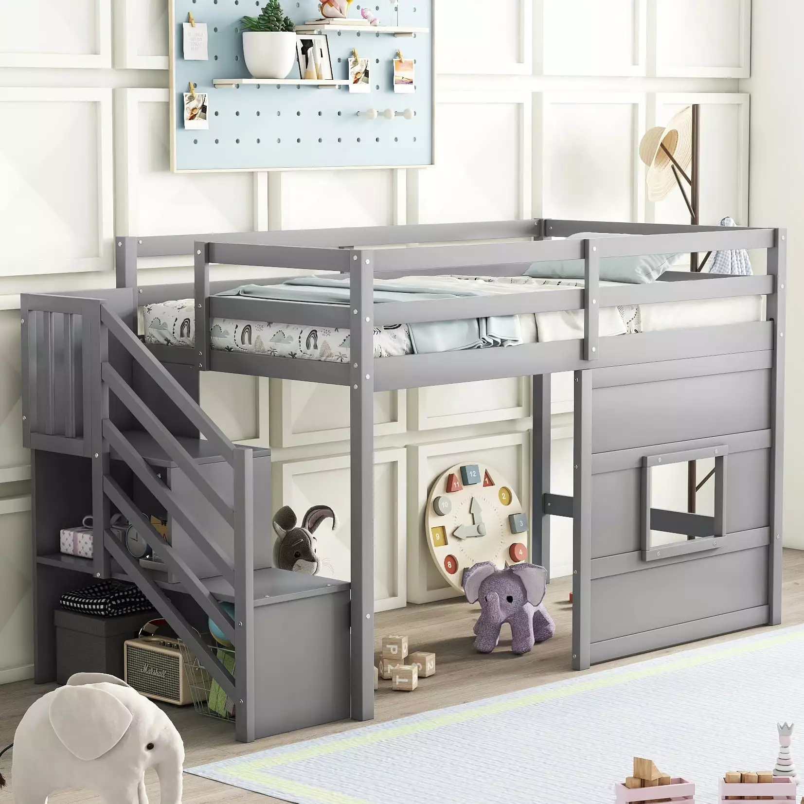 Bellemave Low Loft Bed with Stairs. Twin Size Toddler Loft Bed with Storage Space. Wood Loft Bed Frame for Kids. Teens. Boys. Girls (Gray)