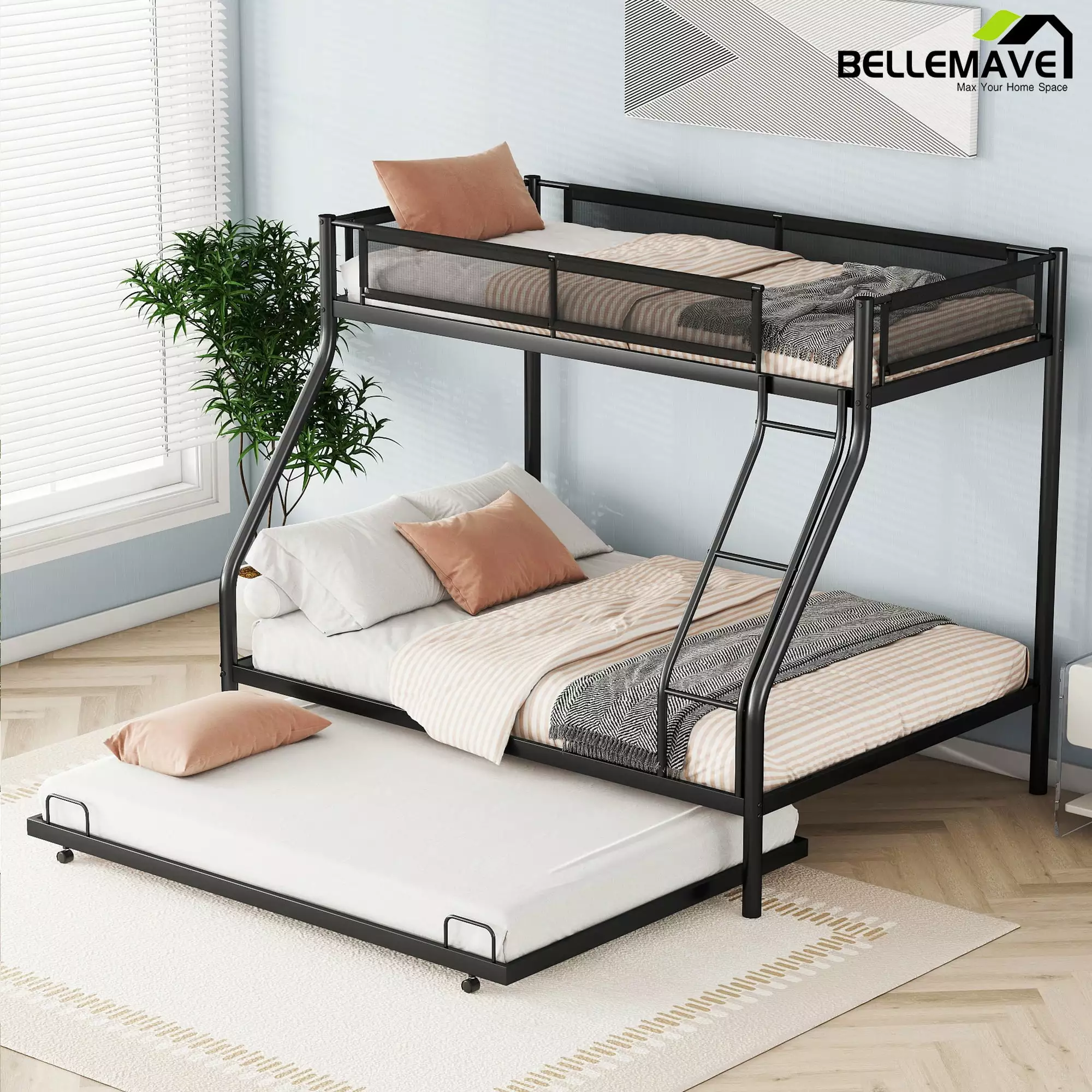 Bellemave Metal Bunk Bed with Trundle Twin over Full Size Bunk Bed with Textilene Guardrail and Wooden Slats Noise Reduced Metal Bunk Bed Frame for Kids. Teens. Adults. Black