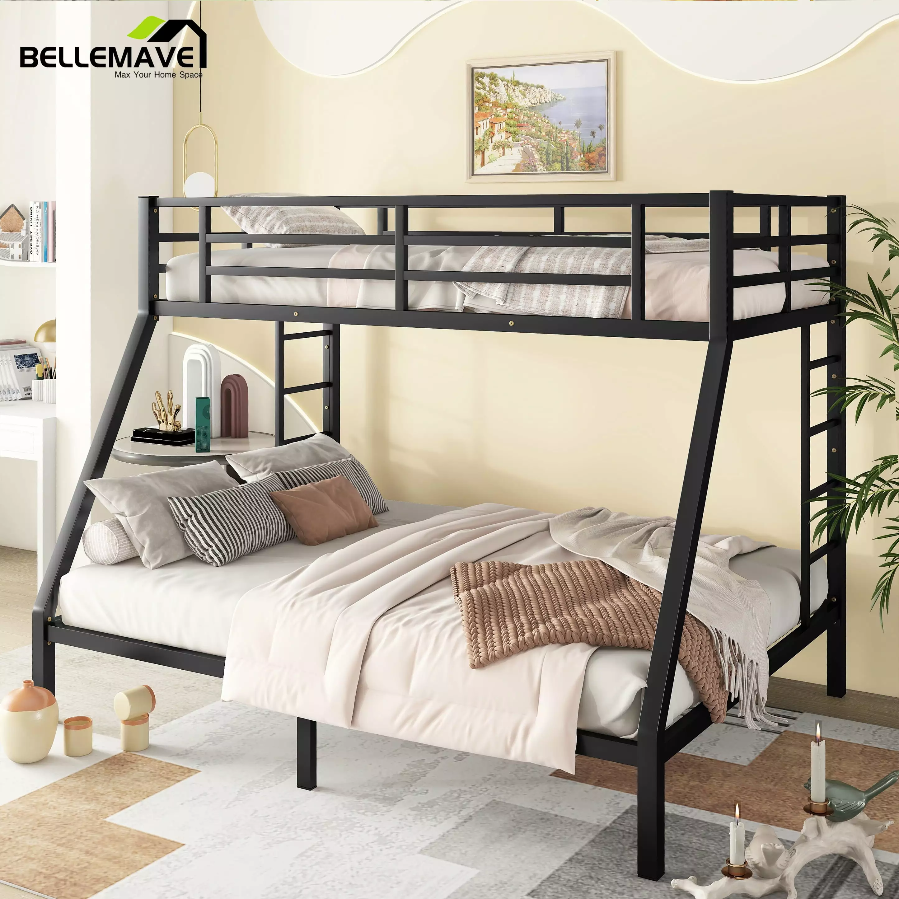 Bellemave Metal Bunk Beds Twin XL over Queen Bunk Bed for Adults. Teens. Kids Heavy Duty Bunk Bed Frame with 2 Ladder and Full-Length Guardrails. No Box Spring Needed. Black