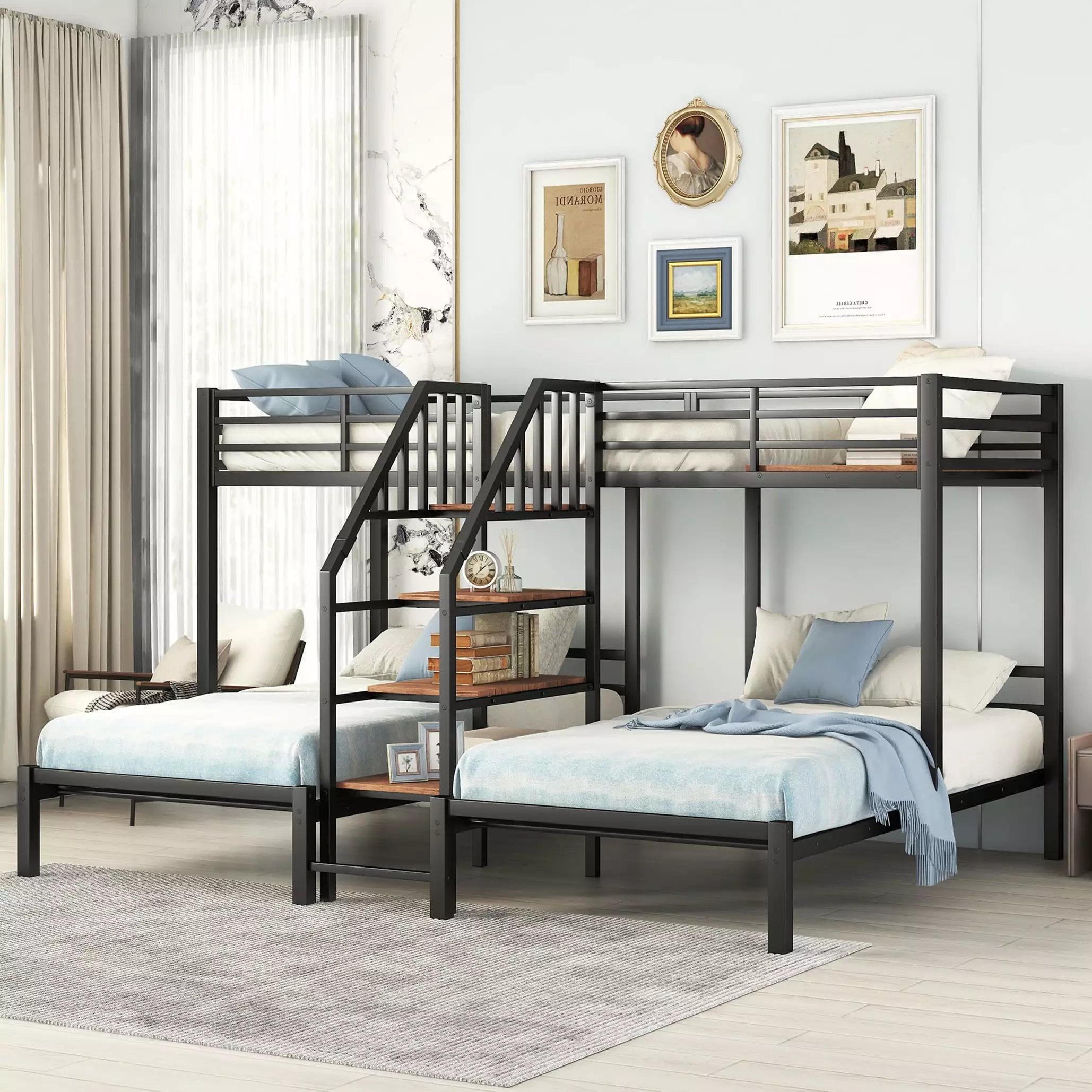 Bellemave Metal Triple Bunk Bed for 3.Twin over Twin&Twin Size Bunk Bed with Storage Shelves Staircase.Sturdy Dorm Bed Frame for Kids/Teens/Adults.Black