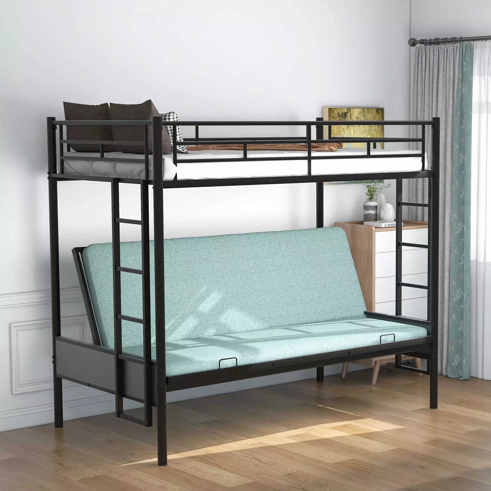 Bellemave Metal Twin over Futon Bunk Bed Frame. Convertible to Twin over Full Bunk Bed for Kids. Teens. Adults. No Box Spring Needed (Black)