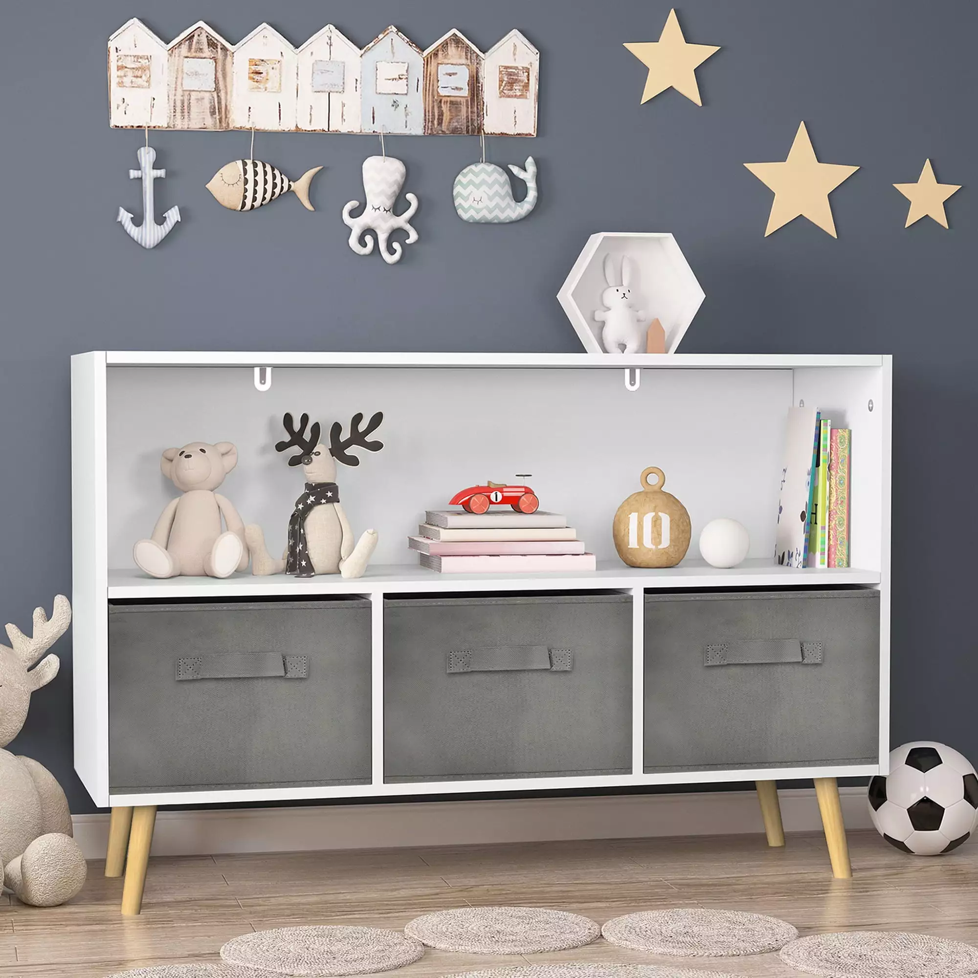 Bellemave Modern Kids Bookcase with 3 Collapsible Fabric Drawers Freestanding Toy Storage Cabinet Children's Wooden Book shelves Display Rack with Shelves and Drawers. (White + Gray)