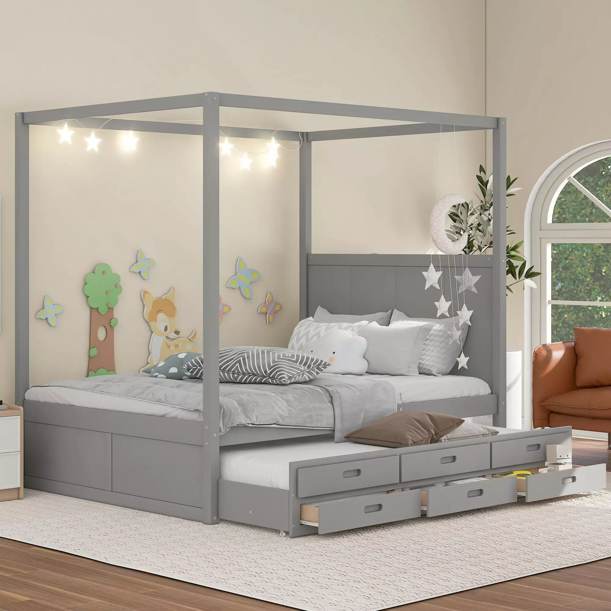 Bellemave Queen Size Canopy Bed with Twin Size Trundle and 3 Storage Drawers. Queen Platform Bed with Headboard. Wood Queen Bed Frame for Kids. Teens. Adults.Gray