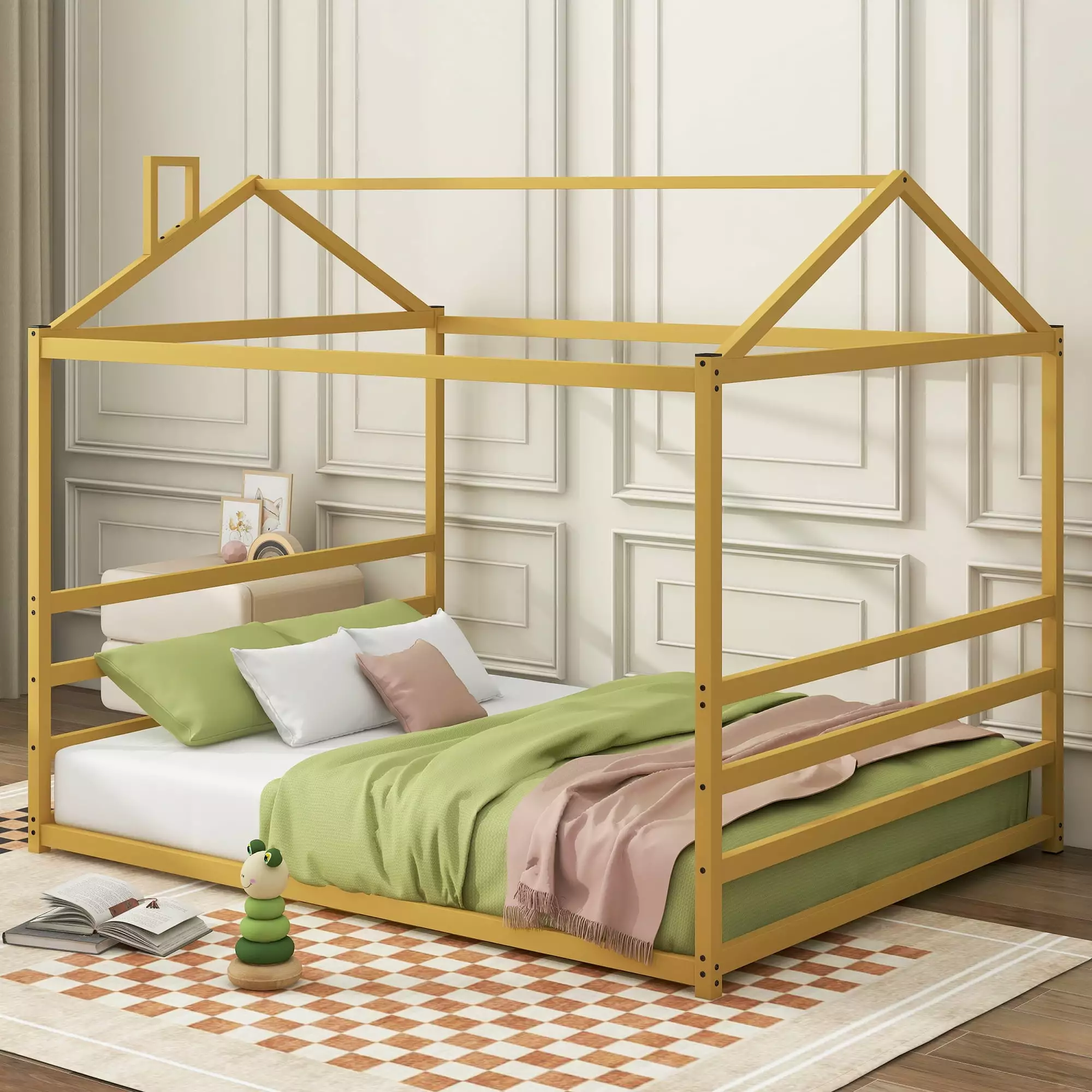 Bellemave Queen Size House Bed. Metal Montessori Floor Beds with Headboard and Footboard. Queen Toddler Bed Frame for Kids Girls Boys(Gold)