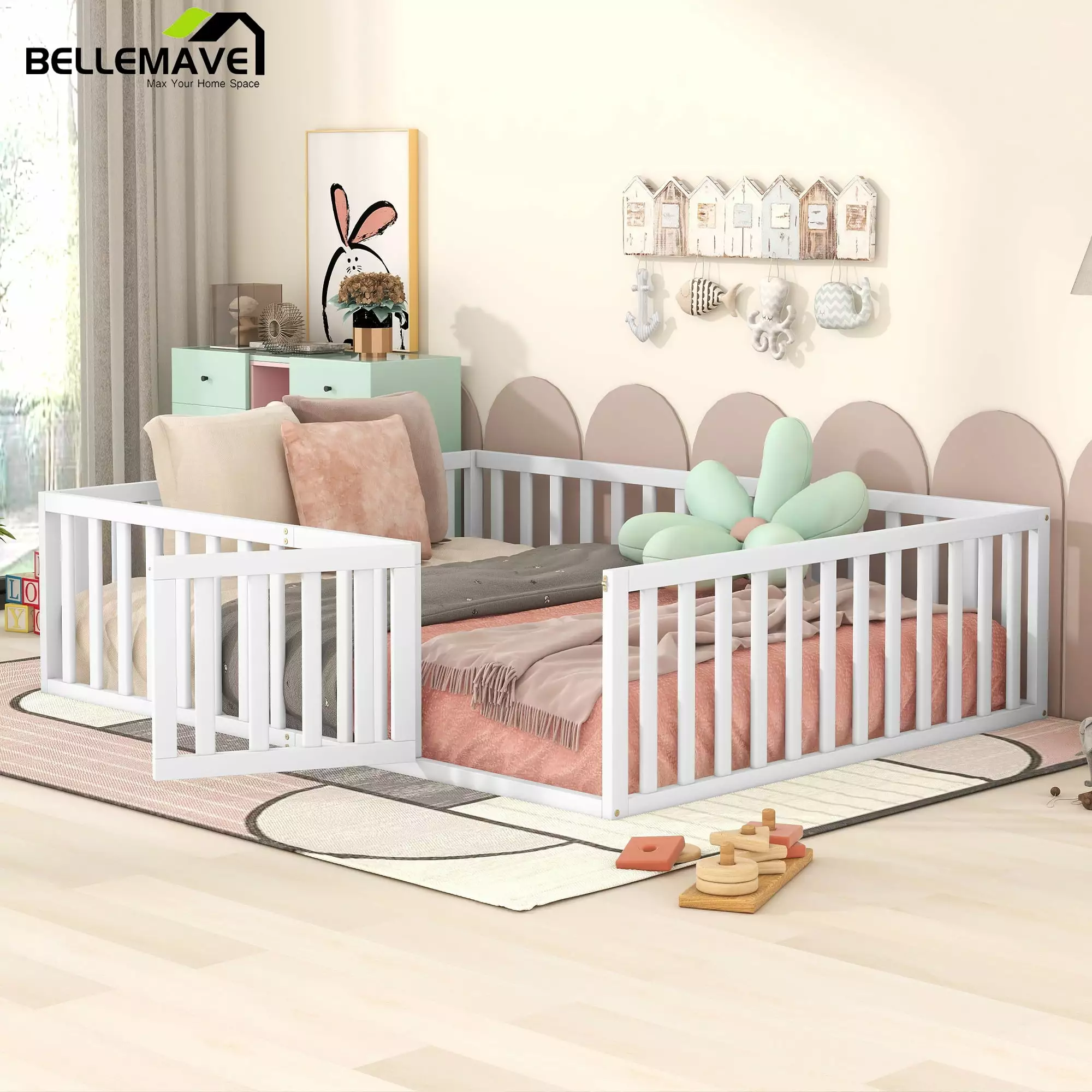 Bellemave Queen Size Kids Floor Bed with Fence and Door. Wood Montessori Bed Frame for Toddler. Floor Bed Frame for Kids. Girls. Boys. Slats Not Included (Queen.White)