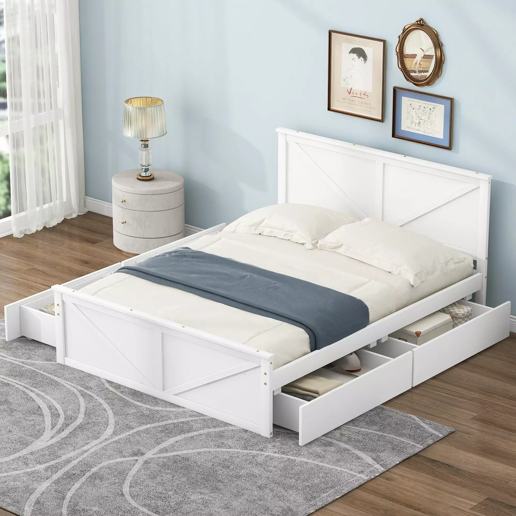 Bellemave Queen Size Storage Bed. Solid Wood Queen Platform Bed with 4 Drawers. Queen Bed Frame with Headboard for Kids Teens Adults (White)