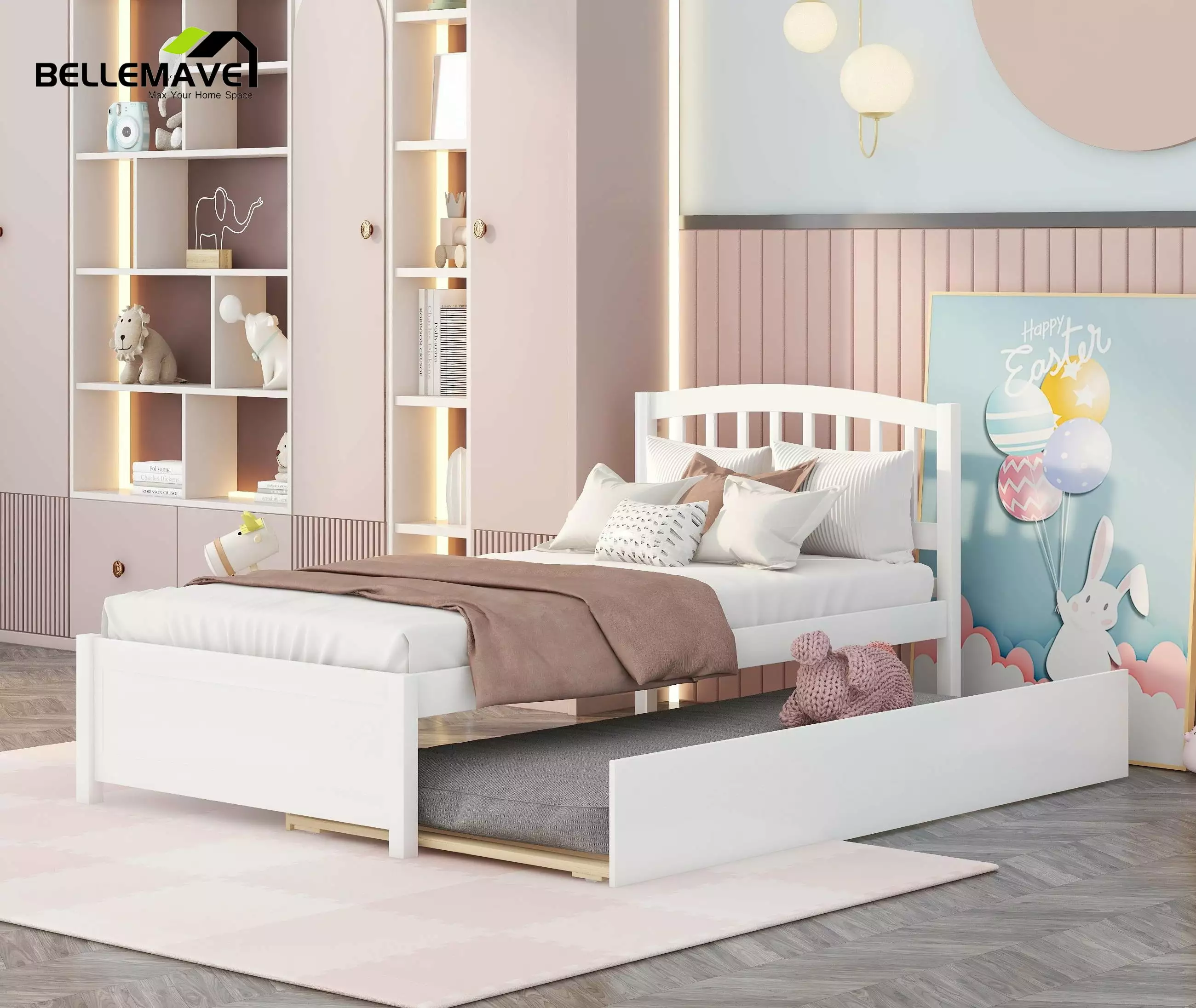 Bellemave Simple Style Twin Size Wood Platform Bed Frame Space Saving Twin Platform Bed with Trundle and Headboard. No Box Spring Needed. White