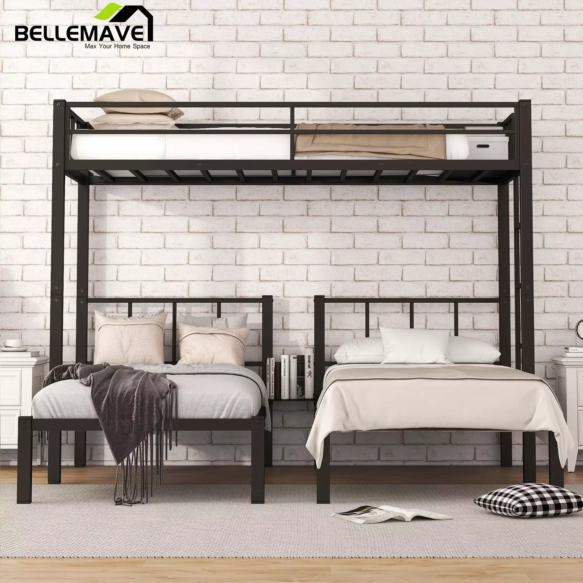 Bellemave Triple Bunk Bed Twin XL over Twin and Twin Metal Bunk Bed Frame with Storage Shelf Space Saving Bunk bed with Build-in Table Convertible 3 Bunk Bed for Kids Teens Boys Girls. Black