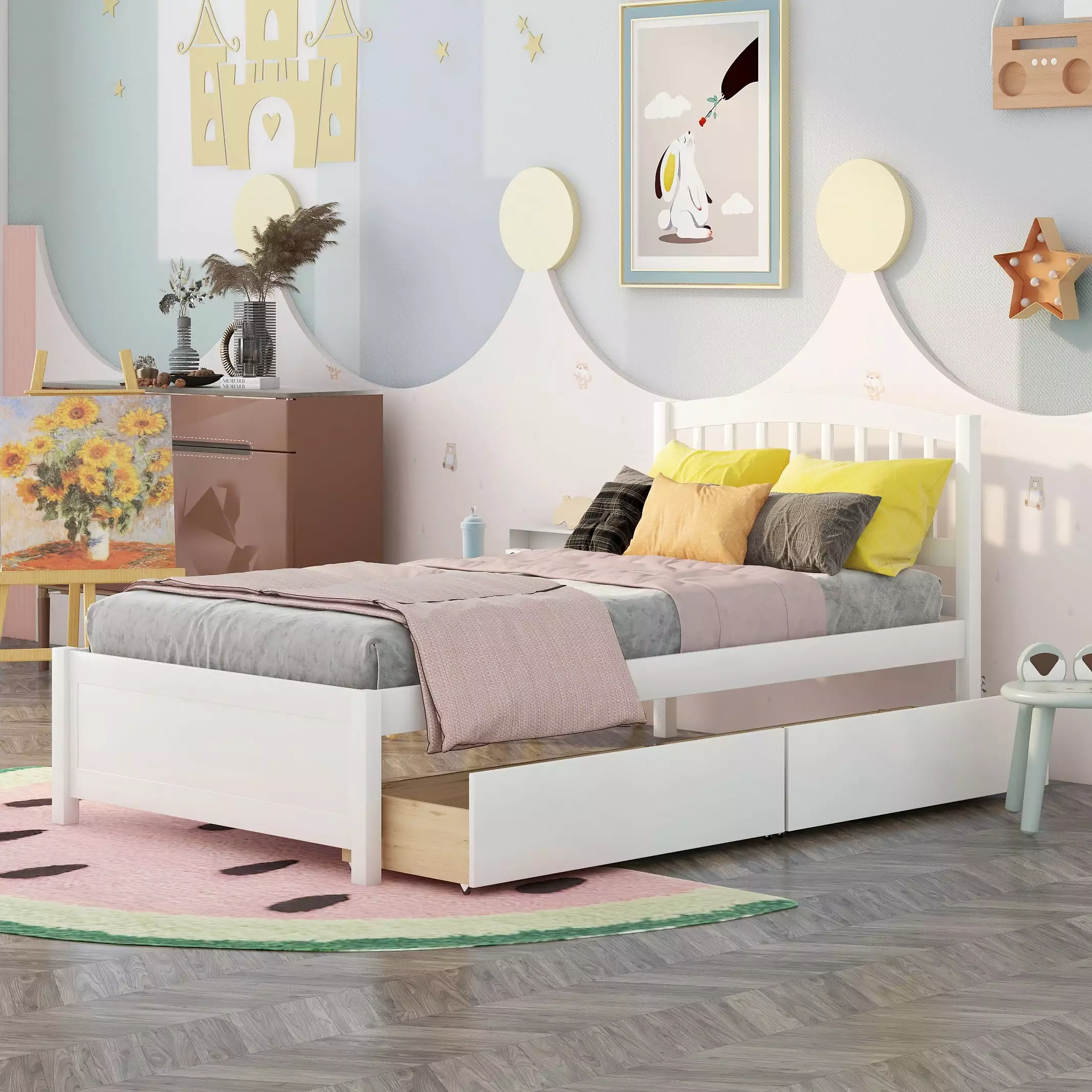 Bellemave Twin Bed Frame with 2 Storage Drawers. Wood Platform Beds with Headboard. Modern Kids Storage Bed (White)