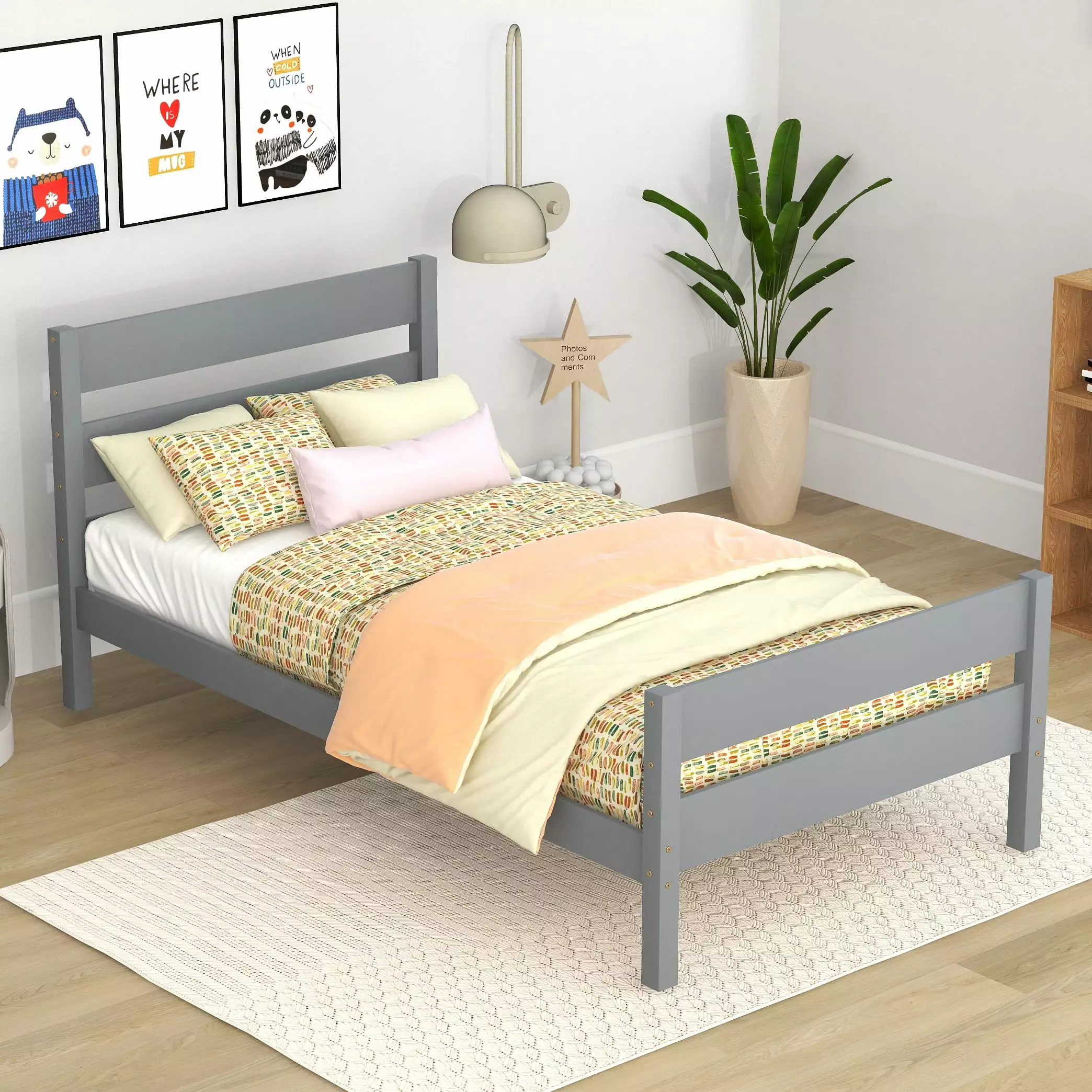 Bellemave Twin Bed Frames.Wood Platform Bed with Headboard and Footboard. Twin Size Sleigh Bed with Wood Slat Support. No Box Spring Needed (Gray)