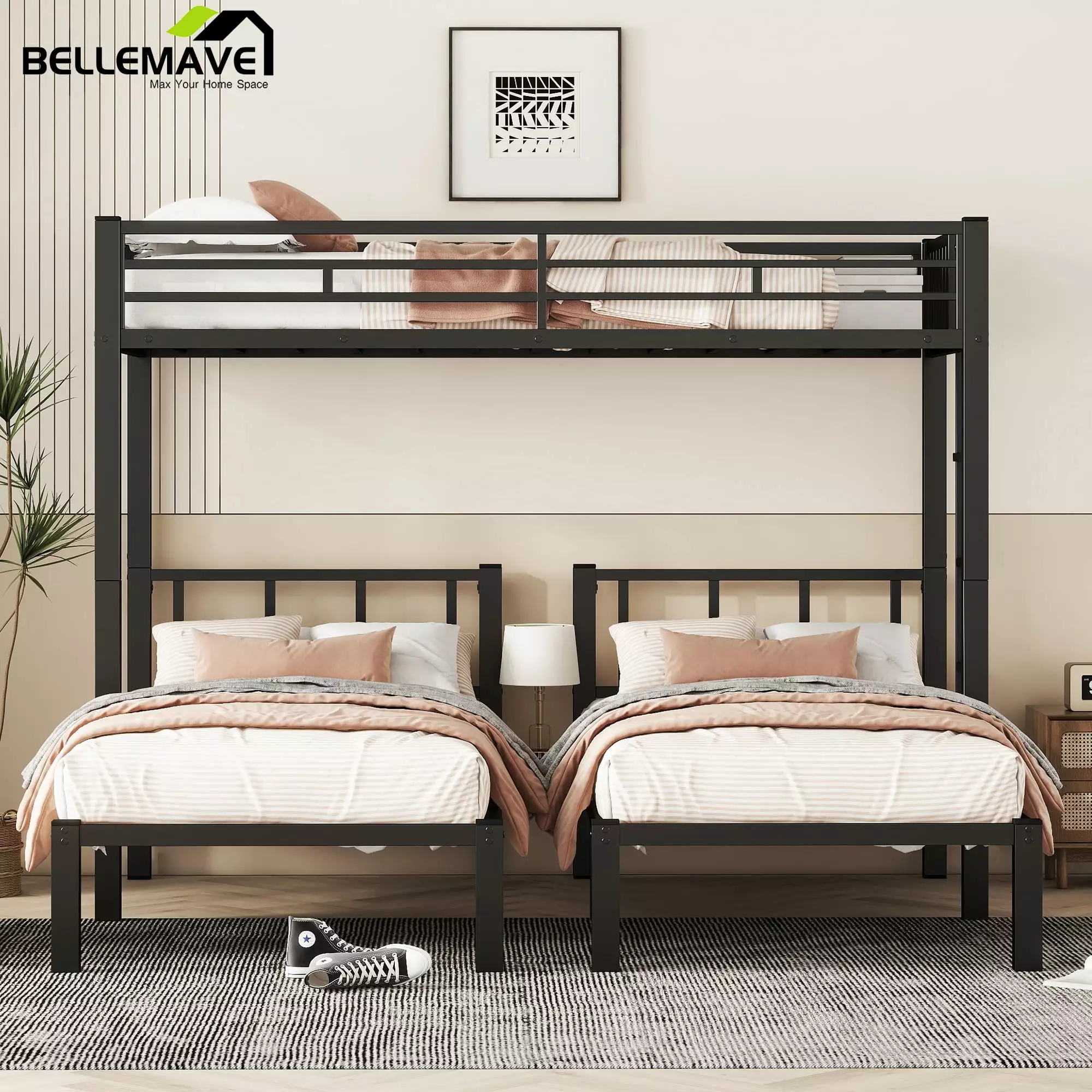 Bellemave Twin over Twin and Twin Bunk Bed Frame Noise Reduced Metal Triple Bunk Bed with Slats Lockers 3 Beds in 1 Bunk Bed Frame Convertible 3 Bunk Bed for Kids Teens Boys Girls. Black