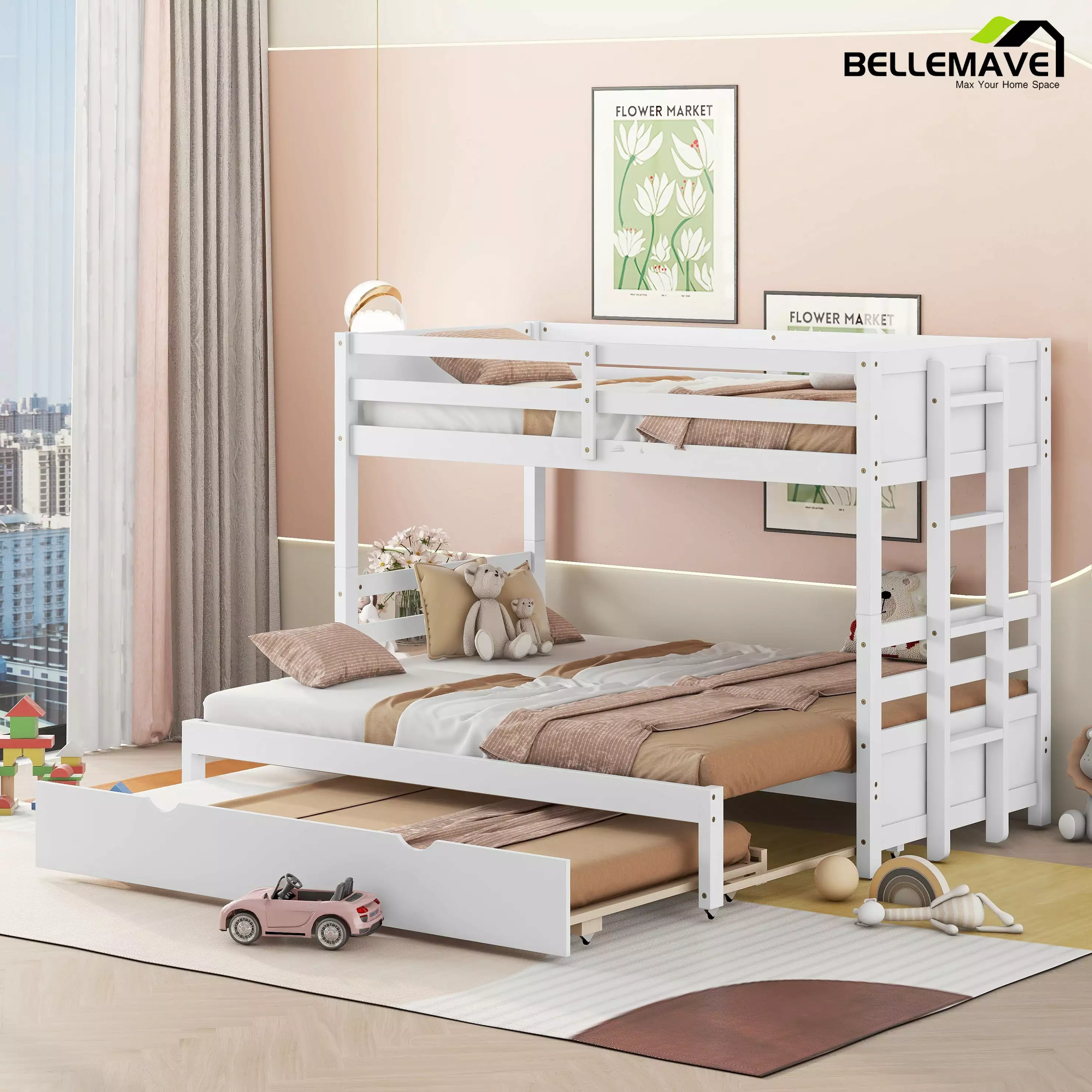 Bellemave Twin over Twin Bunk Bed with Trundle Convertible Bunk Bed Frame with Pull-out Bed Space-saving 4 Twin Beds in 1 Wooden Twin Bunk Bed for Kids. Boys. Girls. White