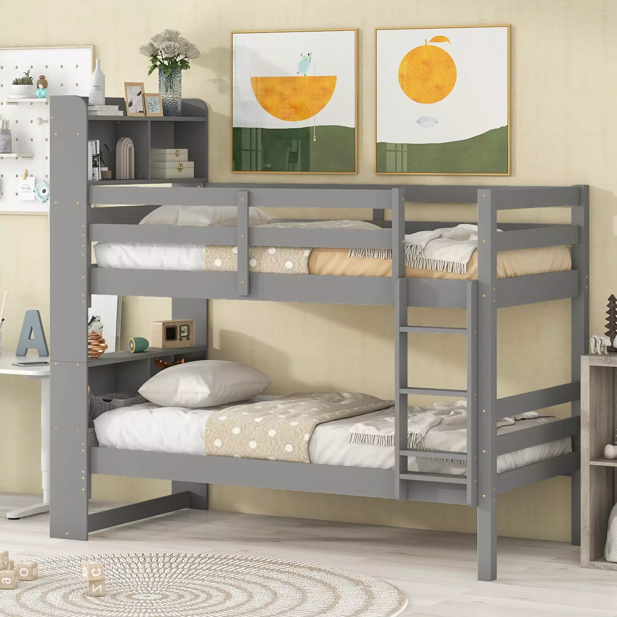 Bellemave Twin Bunk Bed for Kids. Wood Twin over Twin Bunk Bed with Storage Headboard. Can Be Split Down into 2 Platform Beds (Gray)