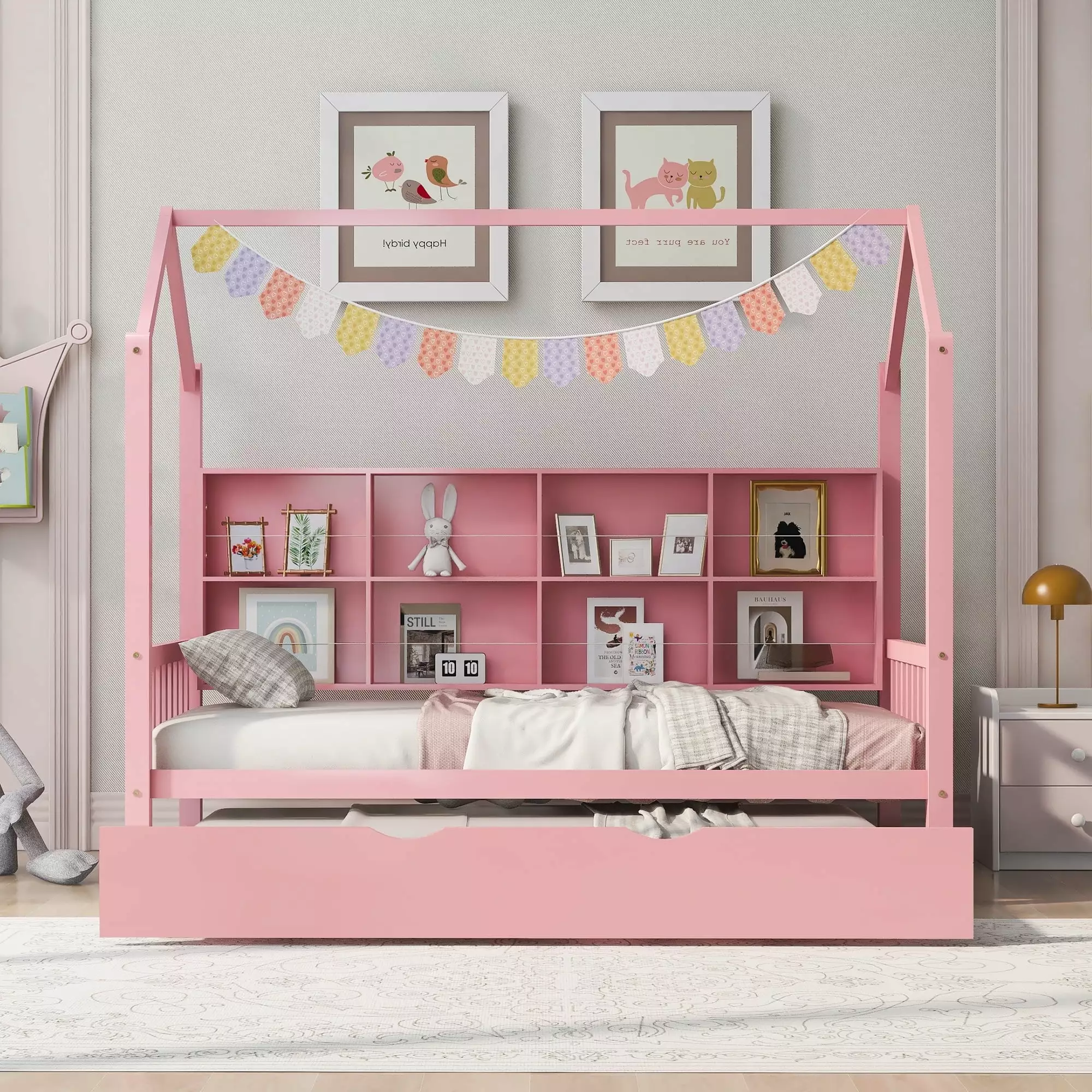 Bellemave Twin House Bed with Storage Drawers and Shelves. Kids Playhouse Bed Frame for Girls & Boys. Wood Montessori Bed (Pink)